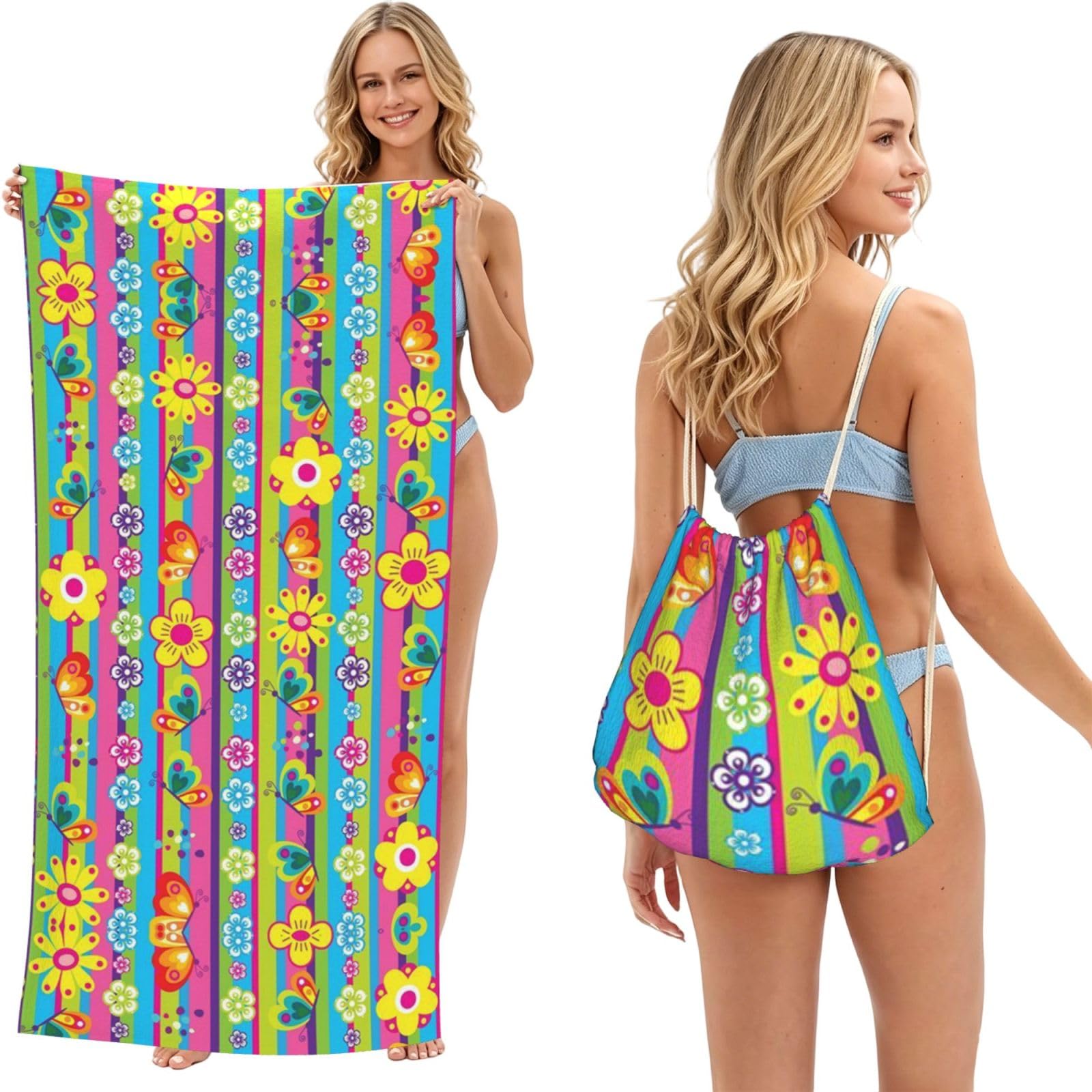 EZDLOWVBA Flowers And Butterflies Print Beach Towel Backpack 2 In 1 Summer Large Lightweight Beach Towel - Multifunctional Ship Pattern Towel Bag For Storage,Sport