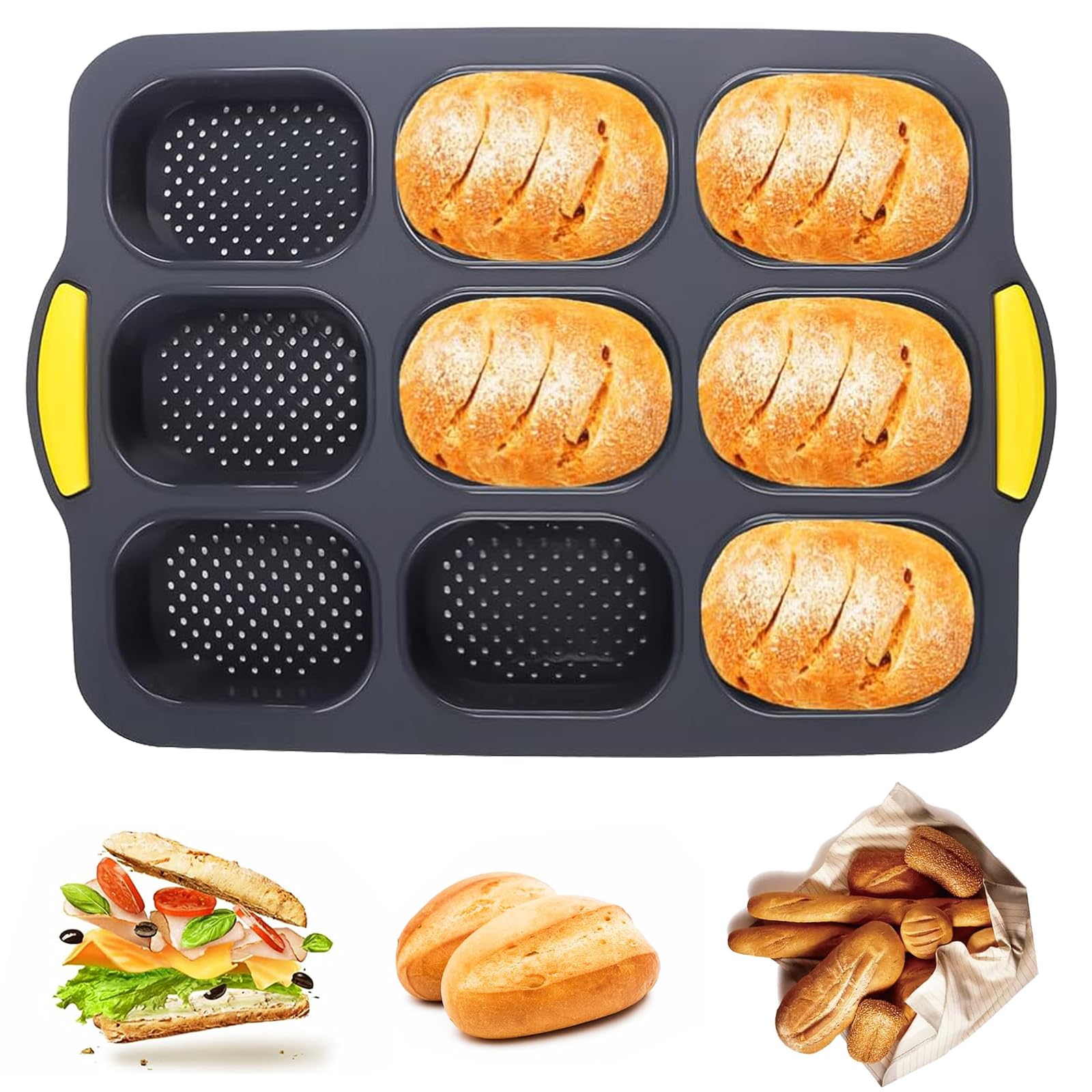 qhklew Bread Baking Mould, 9 Cavities Silicone French Baguettes Baking Mould Non-Stick, Silicone Mould for Baking French Bread, Breadstick, Rolls, Bread (Black)