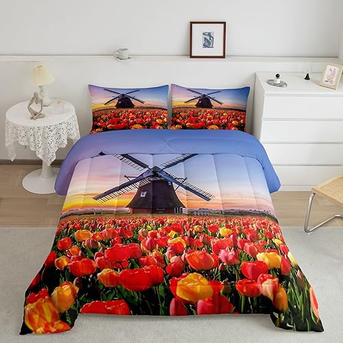 Erosebridal Juego de edredón de paisaje, tamaño individual, ropa de cama clásica de molino de viento holandés para niños y niñas, tulipanes con disponible en Yaxa Venezuela