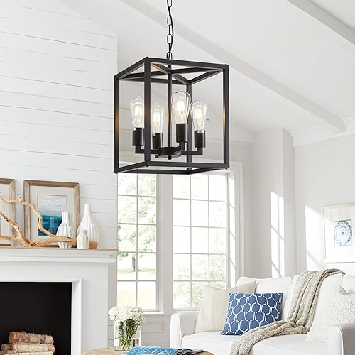 Miniatura 8 de Lanhall Lámpara de araña rústica industrial de 4 luces, altura ajustable, jaula de metal, luces colgantes E26 para isla de cocina, comedor, sala de