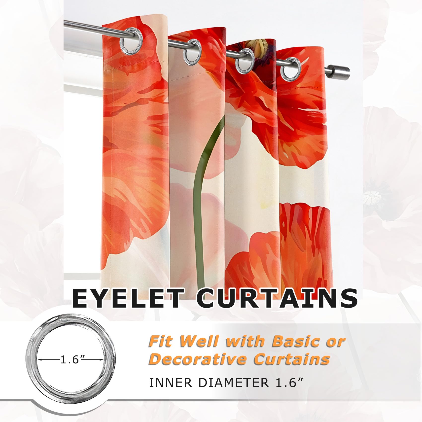 Generisch Vorhänge Mohnblumen - Rot Mohn Floral Botanische Fenster Gardinen mit Ösen, Vorhang Blickdicht Verdunklungsvorhänge Thermovorhang für Wohnzimmer Deko 2er Set, H 160 x B 140 cm D#-114