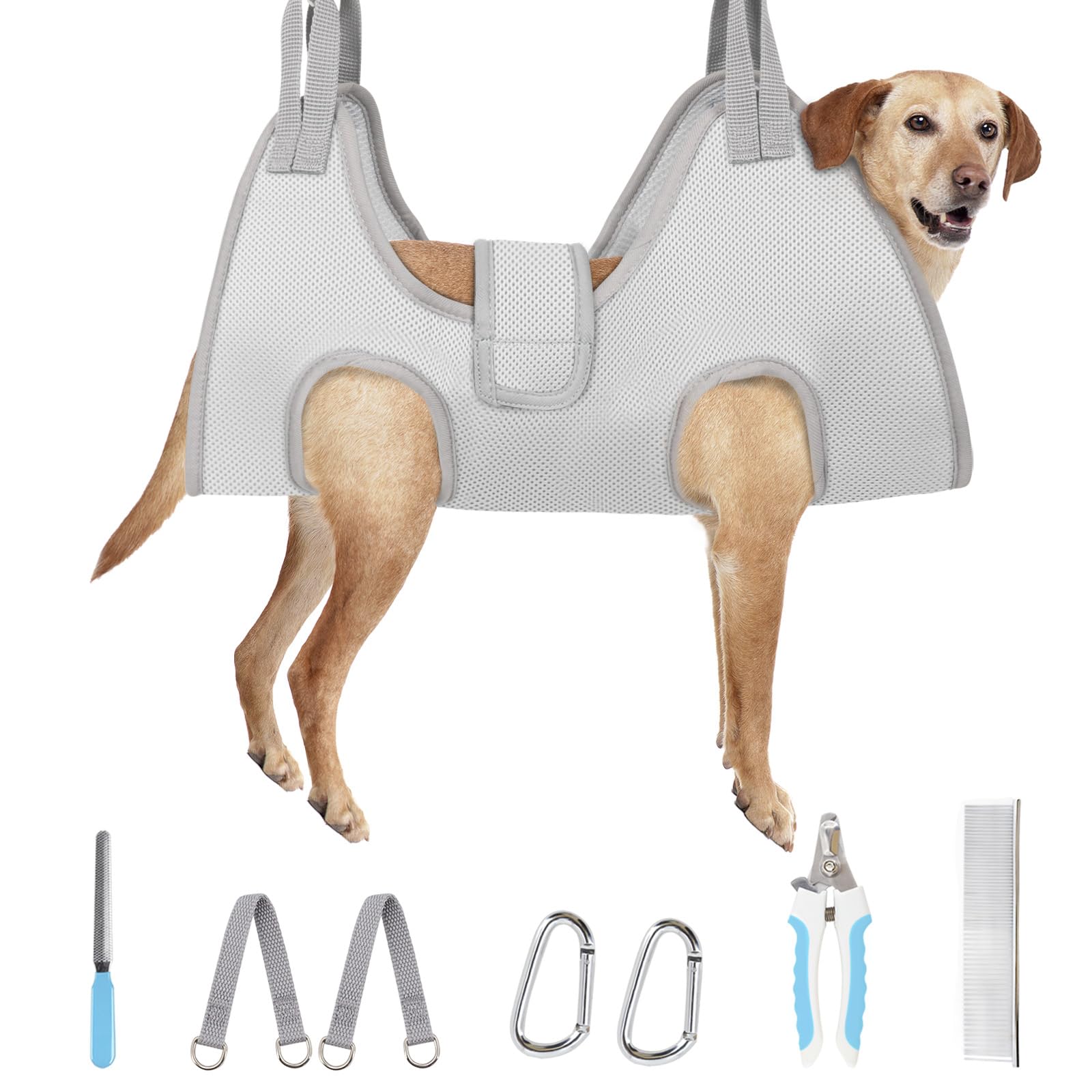 Hamaca de aseo para perros para recortar uñas, arnés de soporte de aseo para mascotas con soporte grueso para el cuello, correa colgante para perros grandes, incluye cortaúñas y lima, aseo seguro para