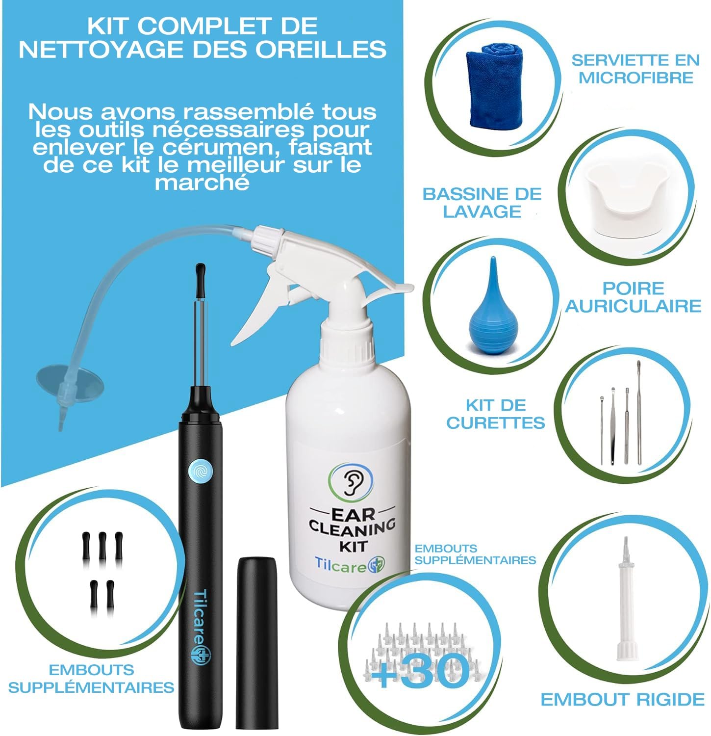 Outil d'élimination du cérumen avec caméra d'oreille par Tilcare - Système d'irrigation pour adultes et enfants - Inclut un bassin, seringue,kit curettes,serviette et 30 bouts jetables