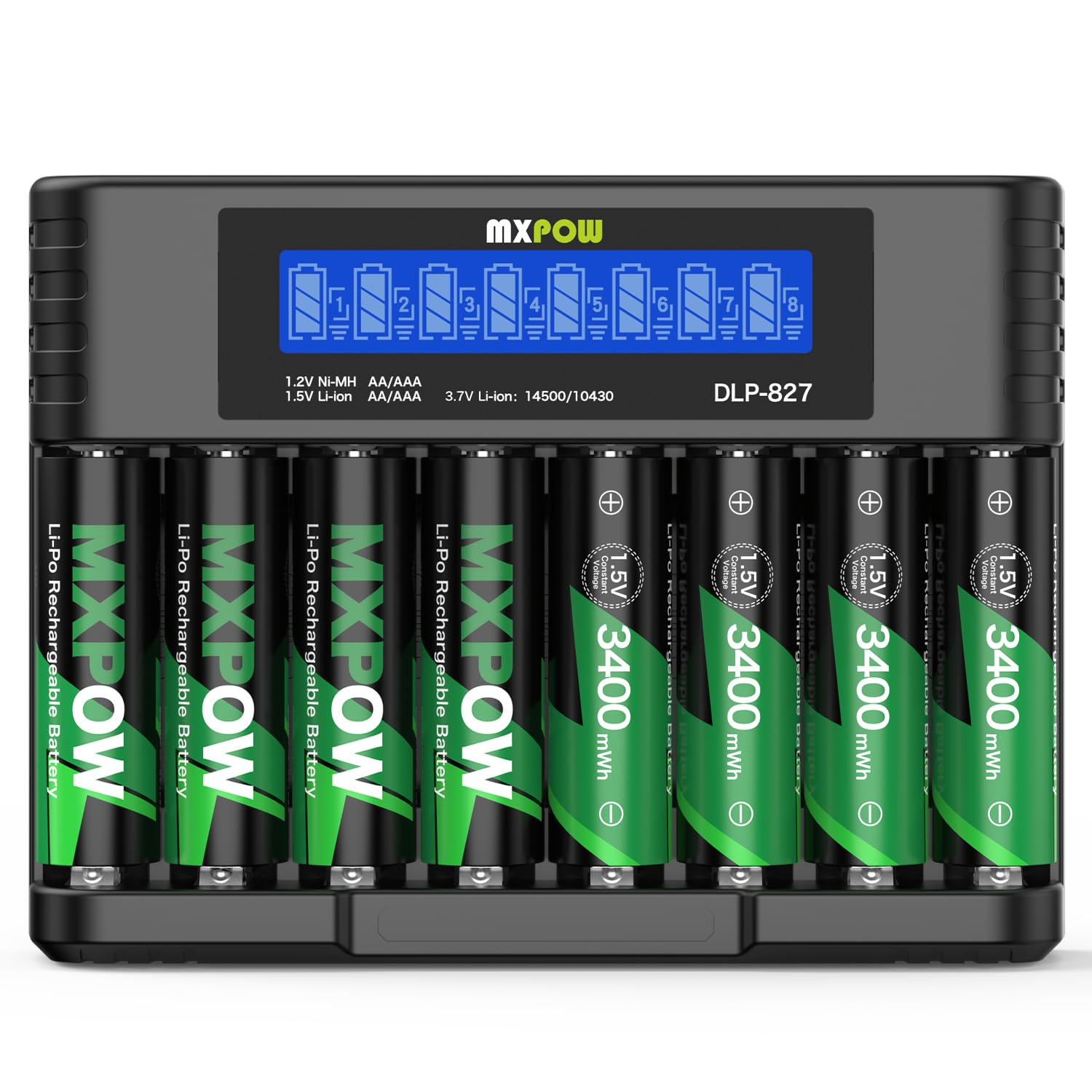 Pack of 8 AA Lithium Rechargeable Batteries 1.5V 3400mWh LCD Charger