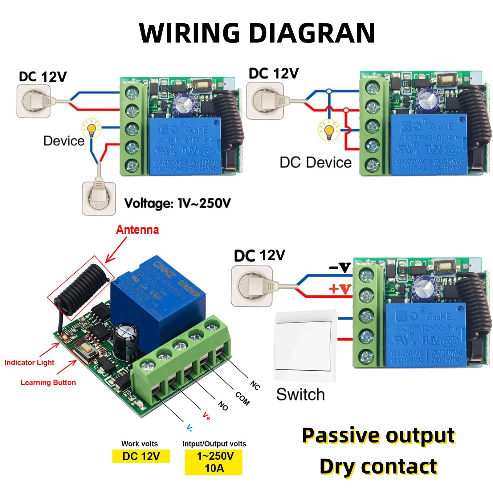 QIACHIP 433mhz commutateur de télécommande sans fil universel dc 12v,interrupteur récepteur de relais rf Module 1 Canal avec 4 transmetteurs