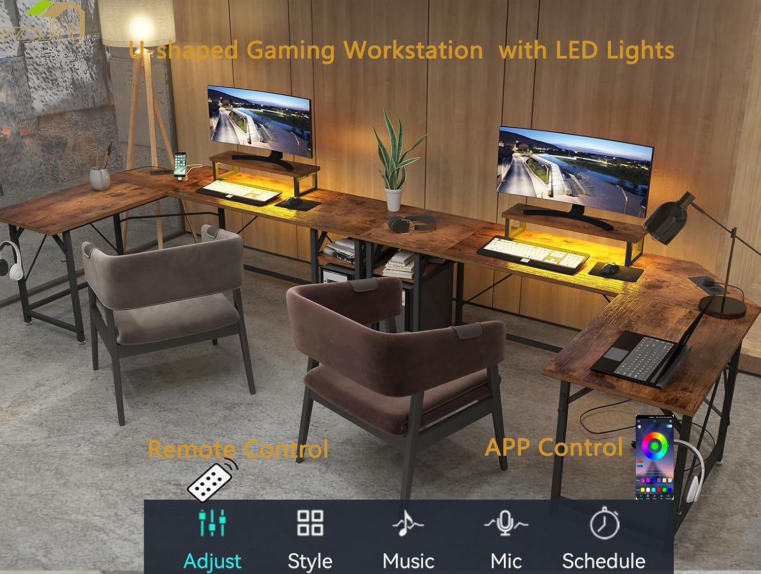 Close-up of the SZXKT desk with LED lights illuminated, showing remote and app control options.