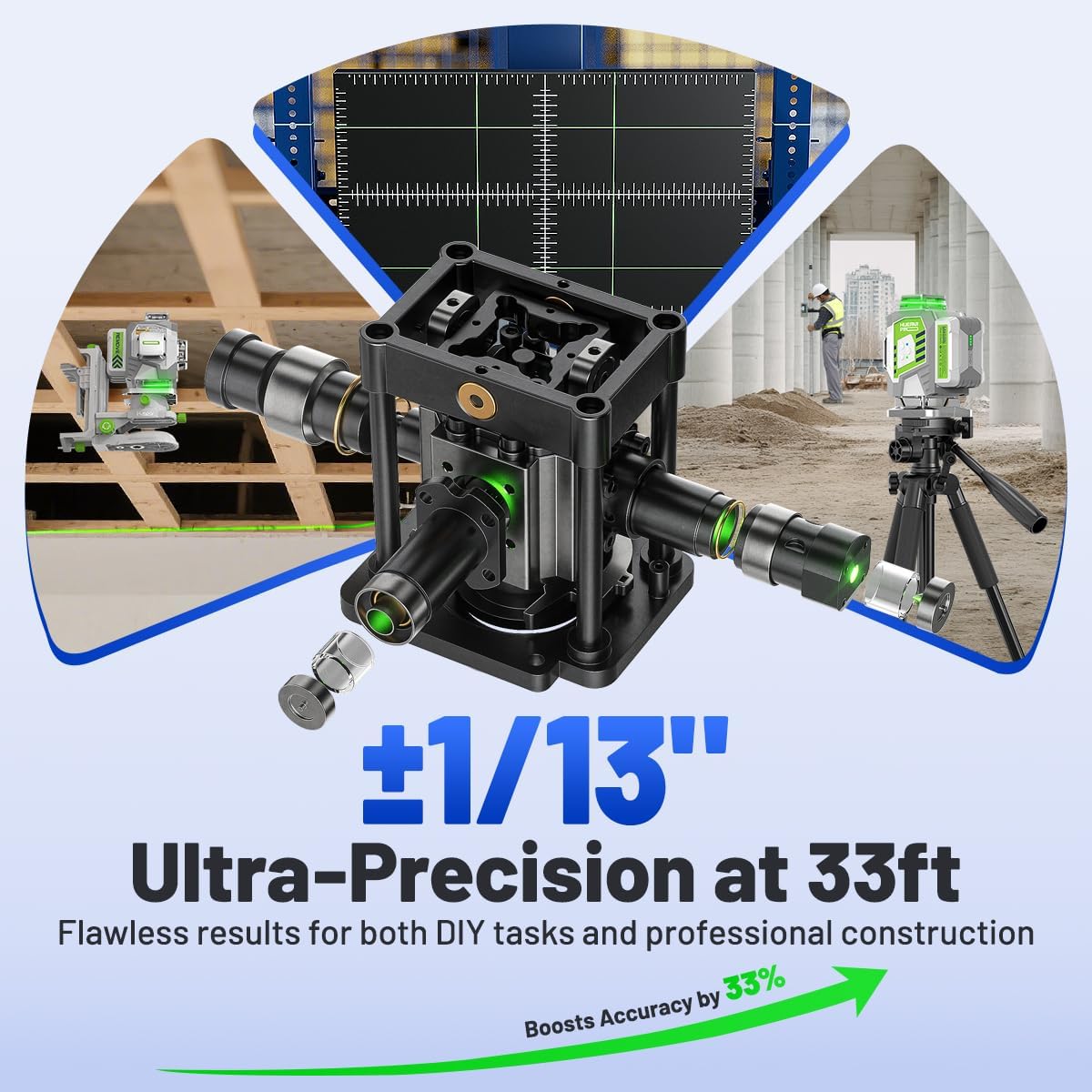 Huepar Pro ZK04CG 4D Laser Level Set with Receiver for Outdoor & Longer Distance Use Up to 660ft, 4 x 360° Self Leveling Green Lazer Leveler Tool for Construction, Tiling, Framing, Drop Ceiling, Floor