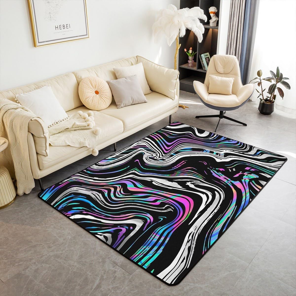 Tripppy Mushroom Area Rug 3x5 for Living Room Bedside, Starry Galaxy Rustic Indoor Floor Mat for Kids Boys Children, Sun Moon Shining Stars Carpet, Grey Leaves Plants Decorative Playroom Rug