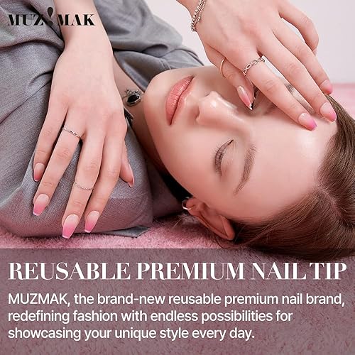 Miniatura 2 de MUZMAK Uñas postizas reutilizables a presión, largas, medianas y cortas, 36 unidades, color rosa, con diseños de punta francesa roja, lindo gel
