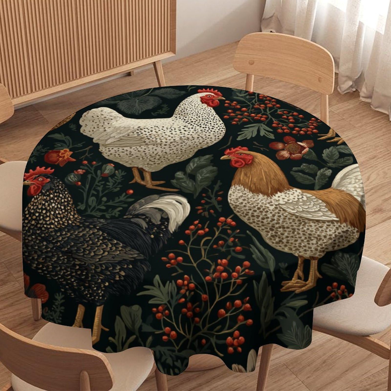 LUYYSKY Classic Rustic Chickens Waterproof Round Tablecloth Modern Vintage Animals Roosters Plants Flowers Berries Print Washable Table Cover for Kitchen-50 Wx50 L
