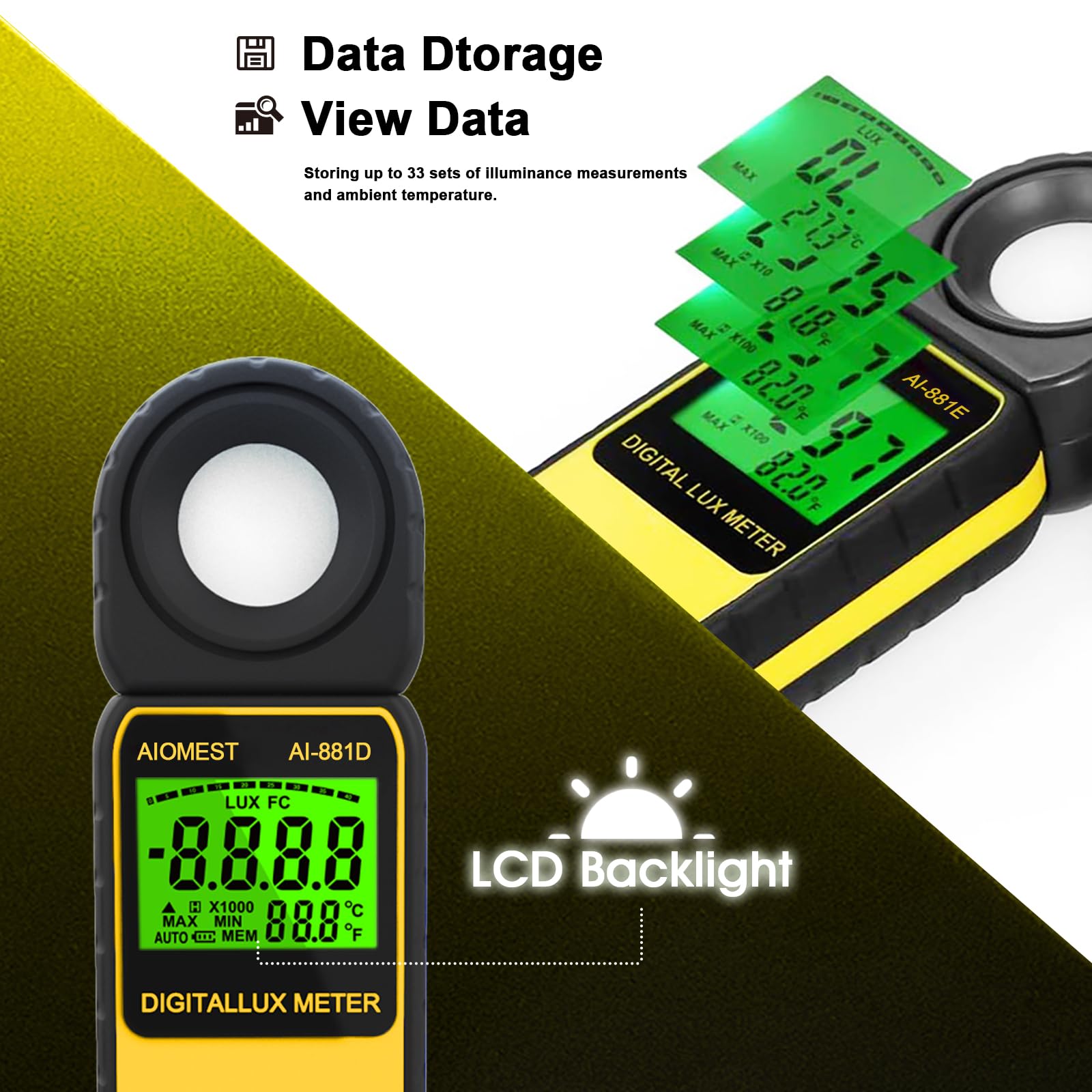 Digital Luxmeter Lichtmesser, AIOMEST Handheld Lichtmessgerät Datenlogger Messen Lichtstärke 0.1~300.000 Lux & Temperatur, Drehbar Light Sensor, Lichtmessungen Messgerät Lumen AI-881E
