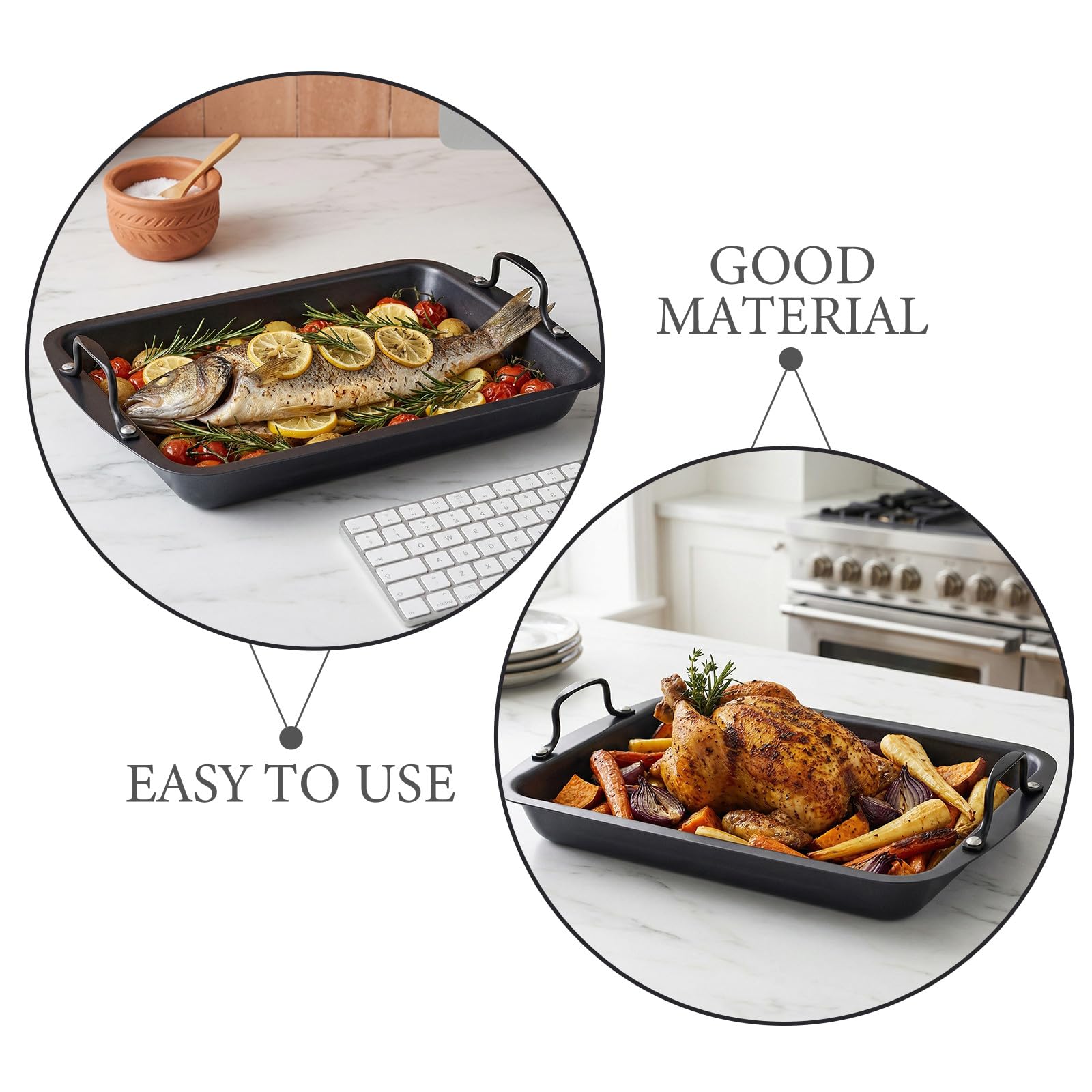 Sartén rectangular para asar pescado - Bandeja antiadherente para hornear con asa para verduras, carnes a la barbacoa - Plancha plana de inducción de acero inoxidable de 40 x 28,5 x 9 cm