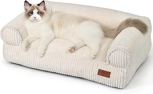 FUKUMARU Sofá cama para perros, acogedora cama de pana para gatos de interior con funda lavable, cama ortopédica impermeable de 28 pulgadas para