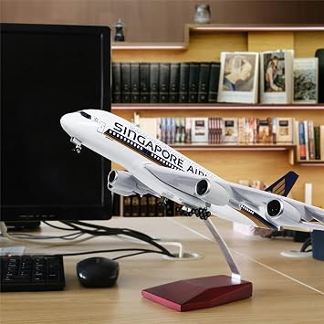 24-Hours 18 1:160 Airplane Model Singapore Airbus 380 Model Plane with LED Light(Touch or Sound Control) for Decoration or Gift
