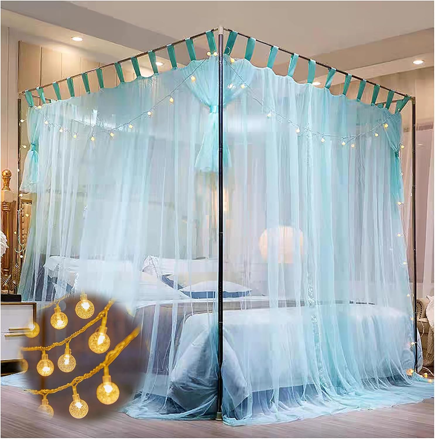 Luxurious Cozy Drape Bed Netting Canopy Frame Mosquito Net Bed Frame Curtain Brackets 4 Corners Canopy Bed Frame for Bedroom,Red,Full