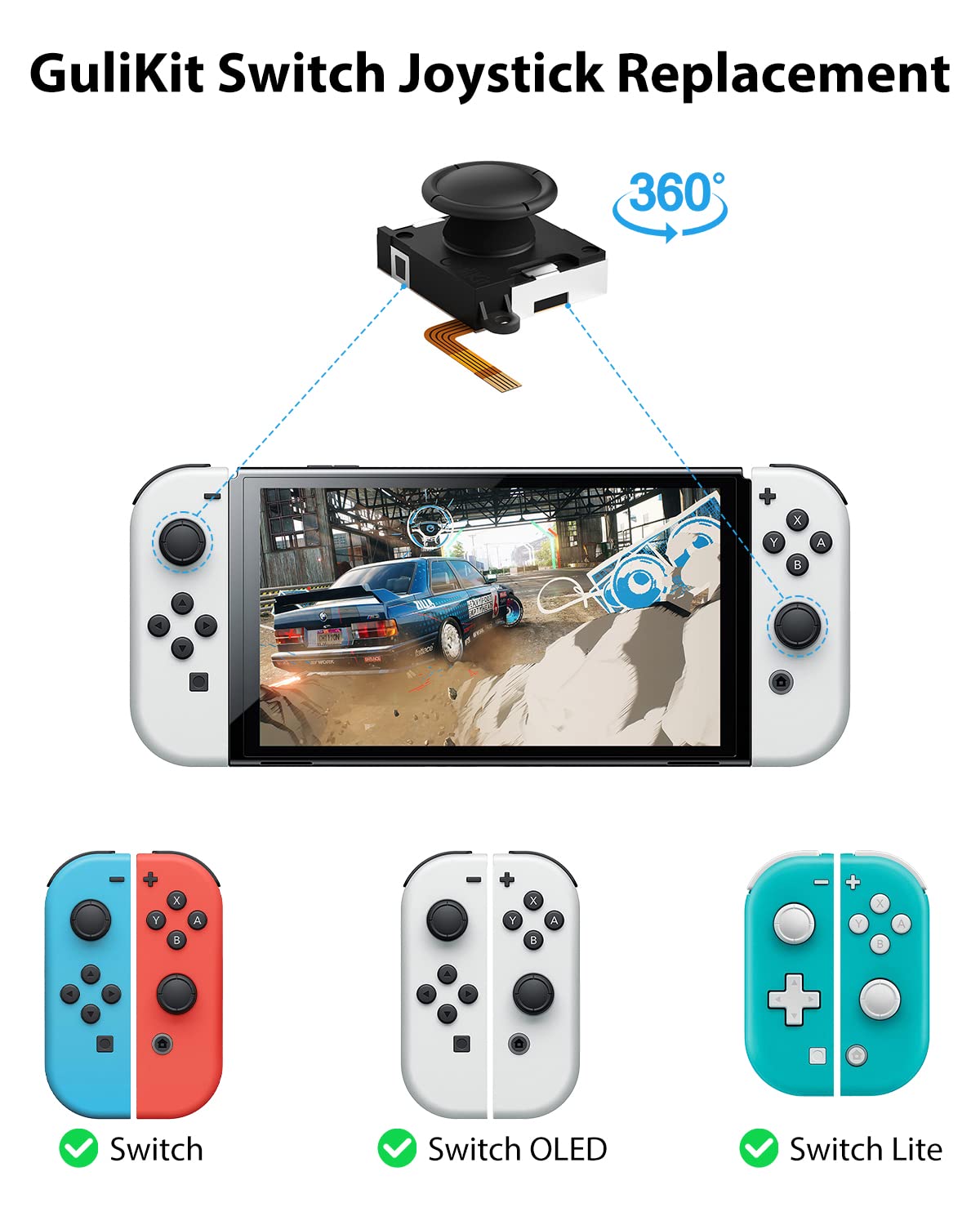 No Drift GuliKit Switch Joycon Joystick Replacement, Hall Effect Joystick for Switch/Switch OLED/Switch Lite, 2 Wrist Strap for Switch Joycon Controller, Thumb Grip Caps & Repair Kit (1 Pair) 2
