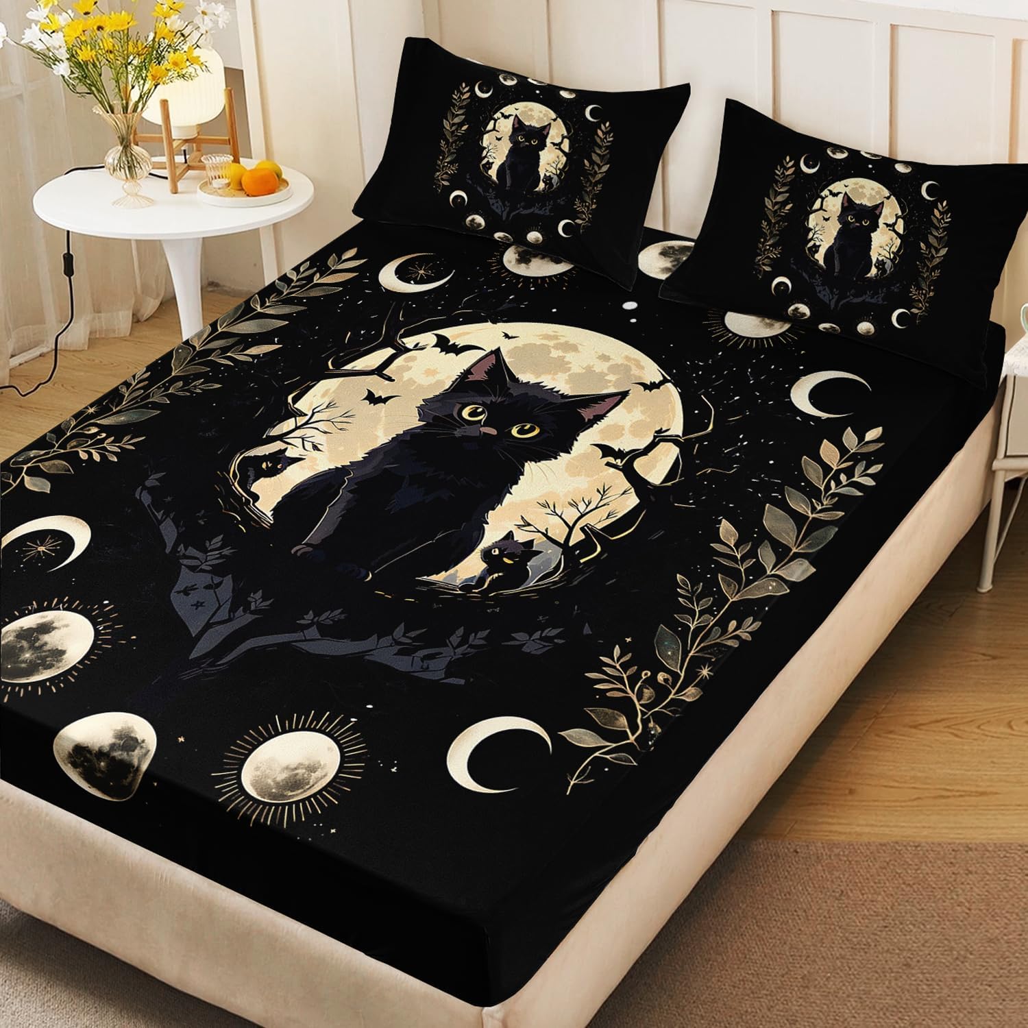AILONEN 3Pcs Black Cat Bedding Set for Kids Girls Boys,Moonlit Night Branches Leaves Fitted Sheet Set Queen Size, Kawaii Animal Theme Bed Sheet Set for Bedroom Decor,1 Fitted Sheet and 2 Pillowcases