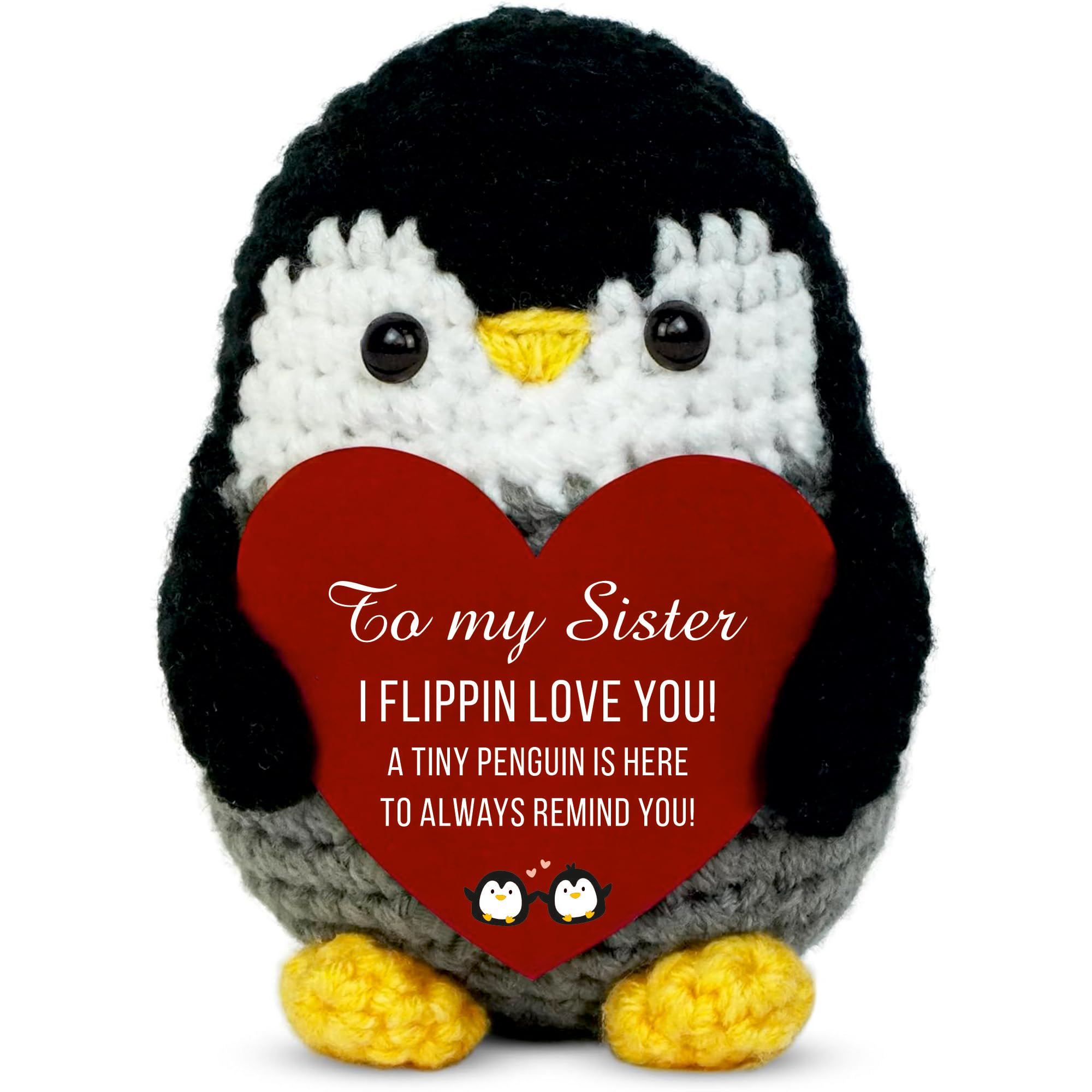 VELENTI Handmade Crochet Penguin Gift for Sister – “Sister, I Flippin Love You!” – Heartfelt Keepsake, Birthday, Christmas, Friendship Gift