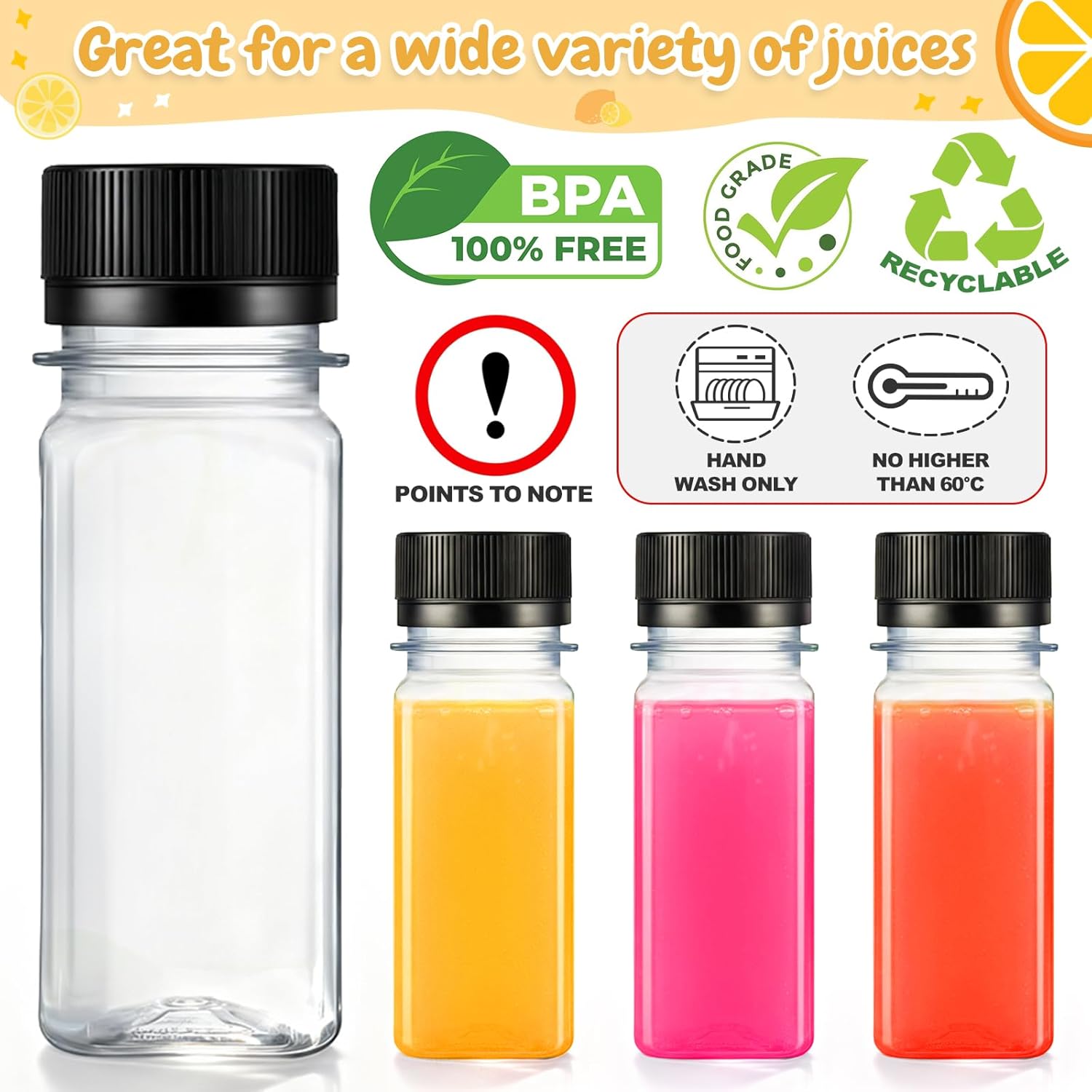 100Pcs 2oz Juice Shot Bottles with Caps, Reusable Square Plastic Containers with Lids, Mini Clear Ginger Shots Bottles Juice Bottle with Funnels & DIY Stickers for Liquids, Beverages, Milk