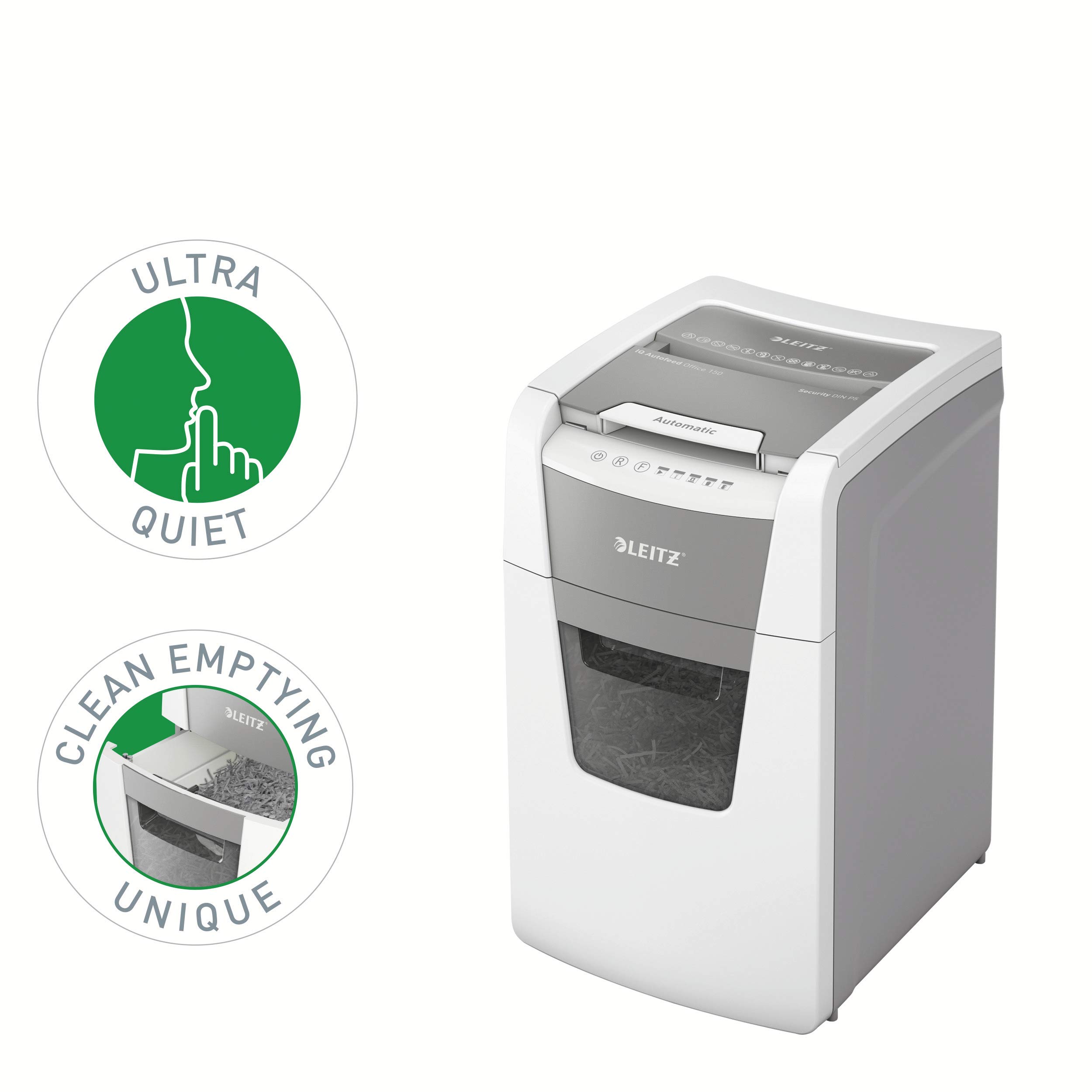 Leitz Distruggidocumenti IQ Autofeed Office P5, 150 fogli, cestino per rifiuti da 60 l, bianco, 80142000