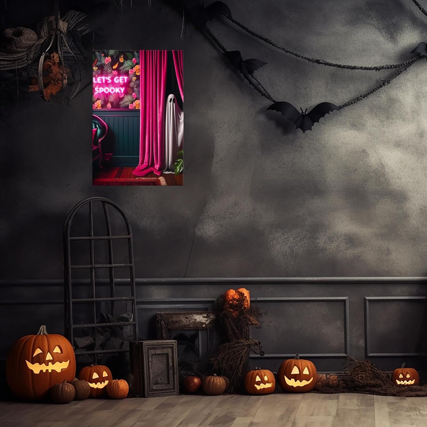WCLXISC Cute Ghost Posters Let's Get Spooky Pink Neon Sign Print Gothic Feature Wall Art Decor Maximalist Gallery Wall Ideas Humor Halloween Decorations for Party Office Home Decor 12X16inch Framed