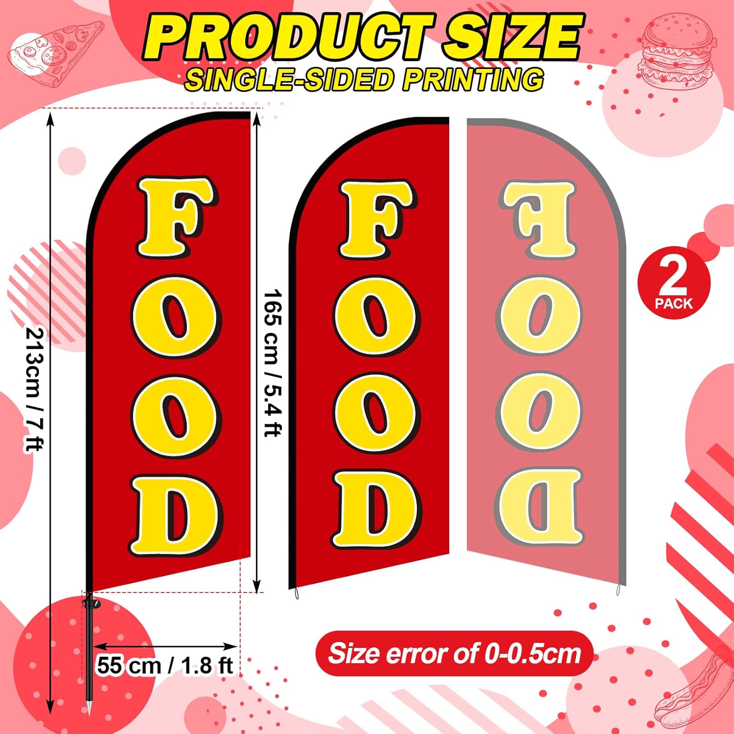 Remagr 2 Set Food Sign Feather Flag Decorations 7 ft for Business Advertising Food Flag Banner & Pole Kit for Storefronts, Retailers, Shops, Restaurants, Diners, Snack Trucks, Markets
