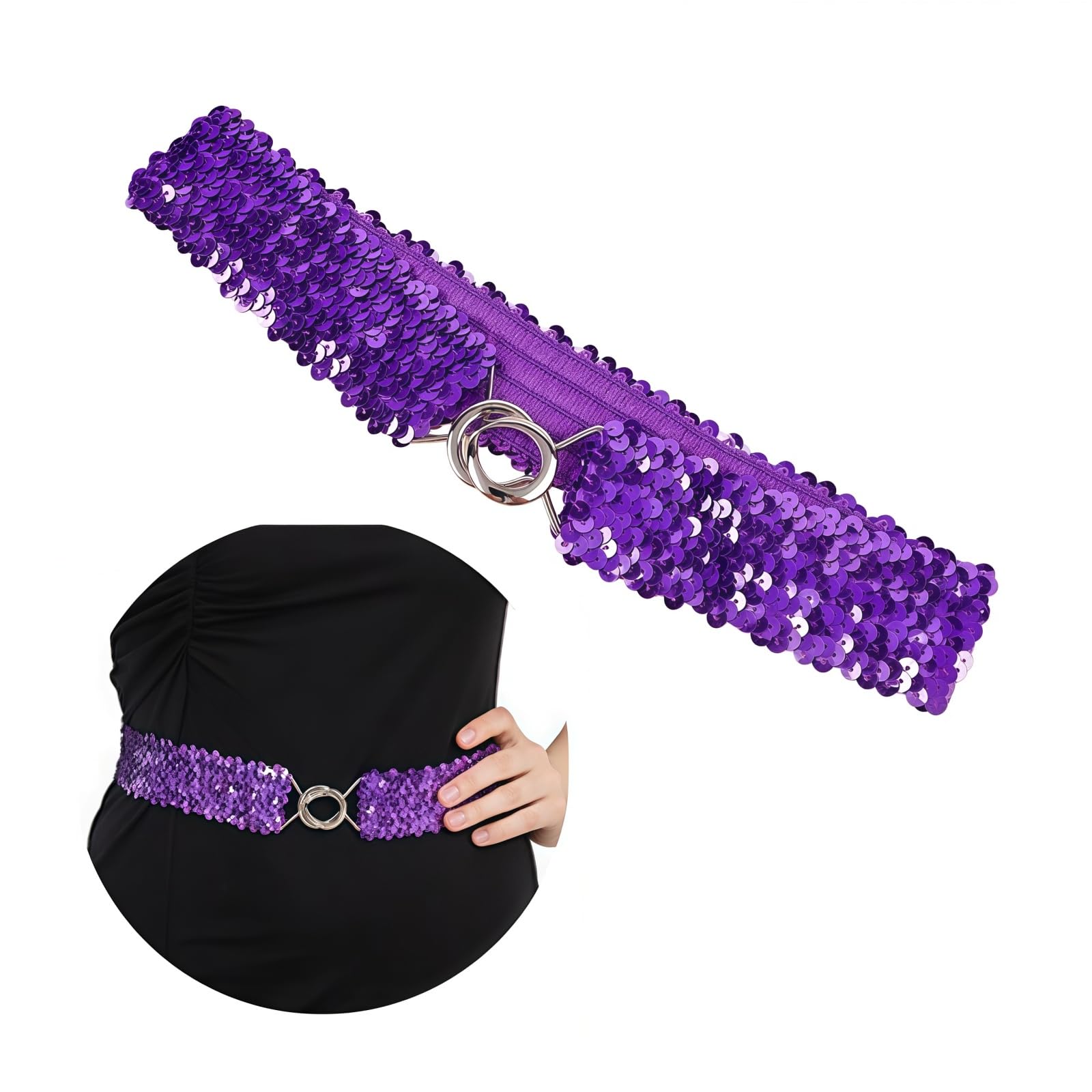 SamHeng Sequin Belts for Women Stretchy Glitter Belt Shiny 80s Belts for women Elastic Waistband Cinch Belt with Metal Buckle for 80s Costume Party Disco Party, Purple