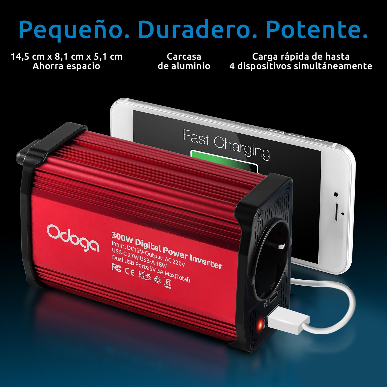 Odoga inversor 12v a 220v 300W para Coche, Convertidor con USB-C y USB-A - Adaptador Mechero Coche a Enchufe - Cargue Sus Dispositivos Electrónicos en Autocaravanas, Camper Furgoneta