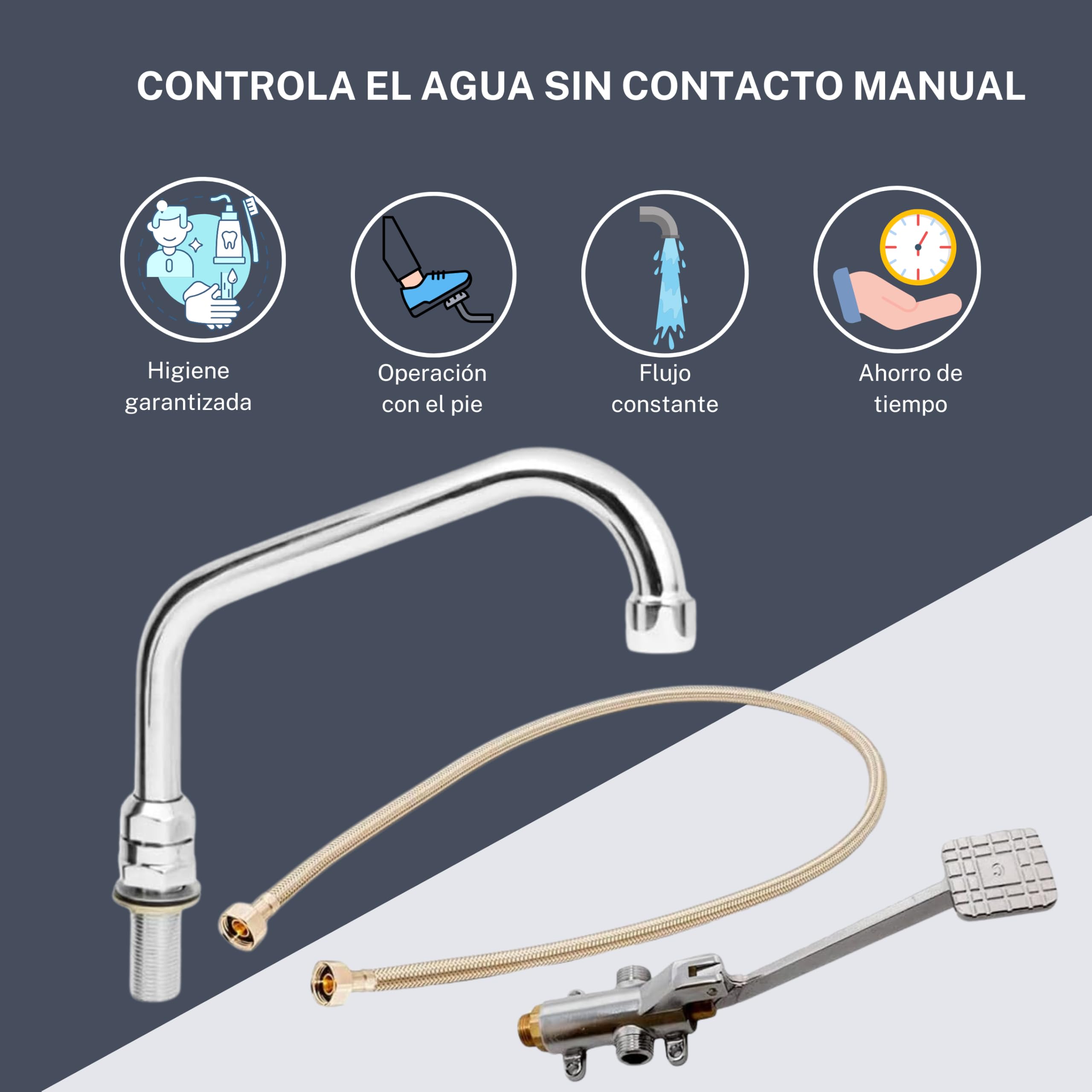 Set de Grifo Pedal Mezclador de Pie Pulsador para Fregaderos Industriales de Hostelería, Caño Tubo Medio Vertical Giratorio - Grifo Agua Fría, Grifo De Pedal, Latiguillo Grifo Cocina