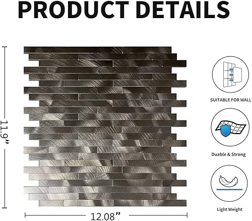 Miniatura 9 de YMMXGE Azulejos de 10 hojas para salpicaduras de despegar y pegar, metal de piedra de mármol, azulejos de mosaico de aluminio mezclado de PVC para