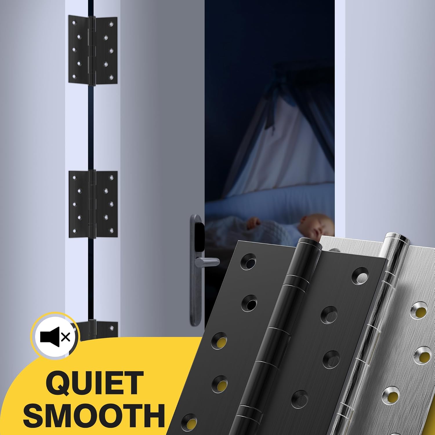 KOLET Ball Bearing Door Hinges, 5 x 4 Inches Door Hinges, Square Corner with Extra Thick 3mm, Heavy Duty Stainless Steel, Suitable for Hotel and Building, Smooth and No Squeak, Matte Black, 3 Pack
