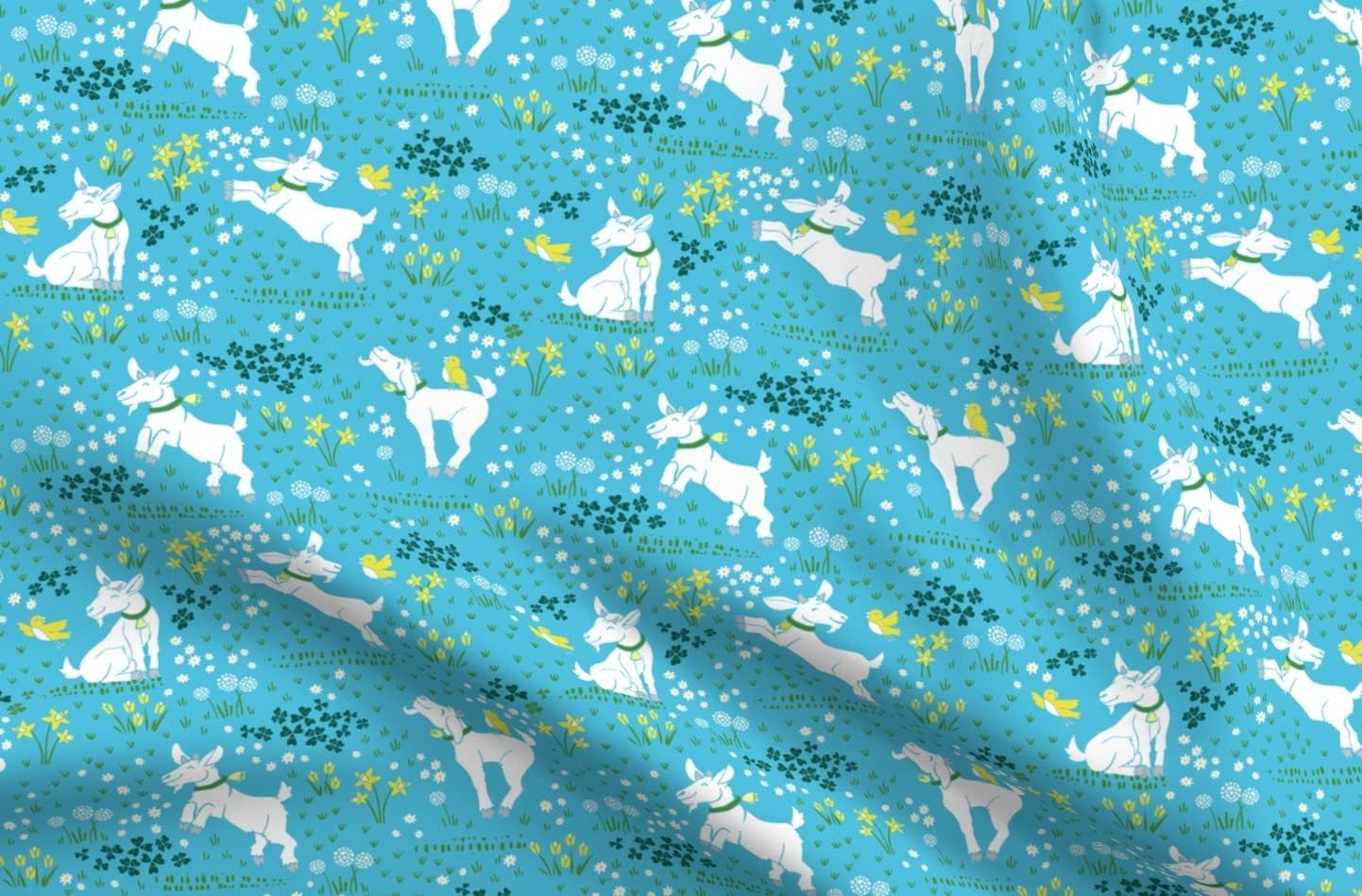 Spoonflower Fabric - Tulips Blue Daisy Herd Goat Horns Farm Animal Grazing Printed on Upholstery Velvet Fabric Fat Quarter - Upholstery Home Decor Bottomweight Apparel