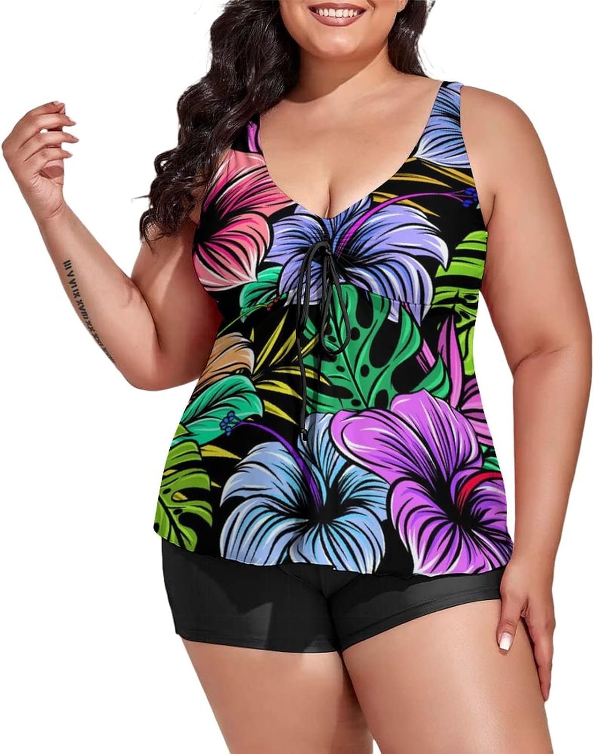 Women Plus Size Tankini Swimsuit Tropical Fruits Two Piece Swimdress Bathing Suit with Shorts Tummy Control Swimwear