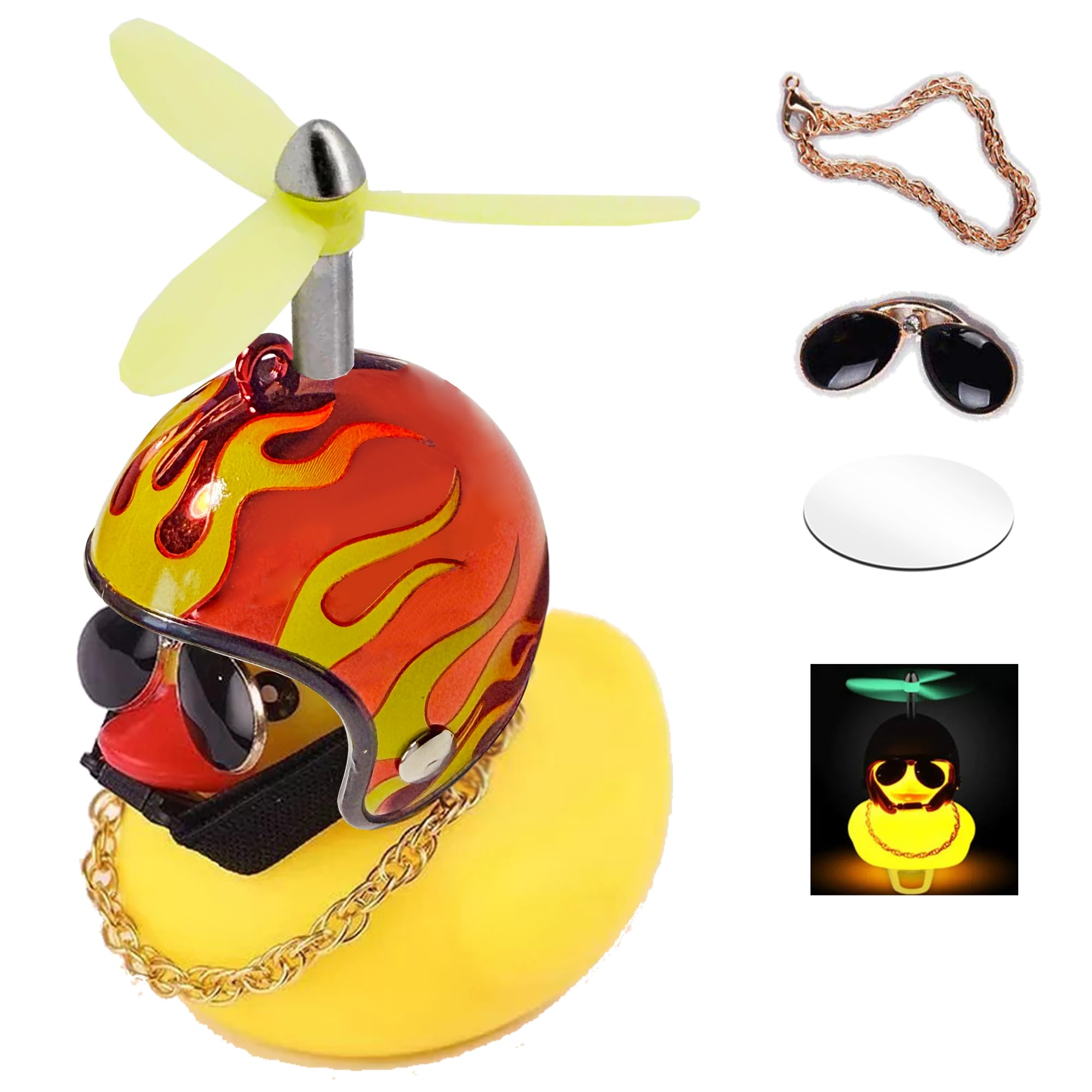 ACEDOAMARE Duck Bike Bell, Cute Rubber Yellow Duck Bicycle Accessories LED Light Propeller Cool Flame Mirror Helmet Squeeze Horns for Cycling Motorcycle Handlebar Bicycle (Mirror red&Luminous fan)