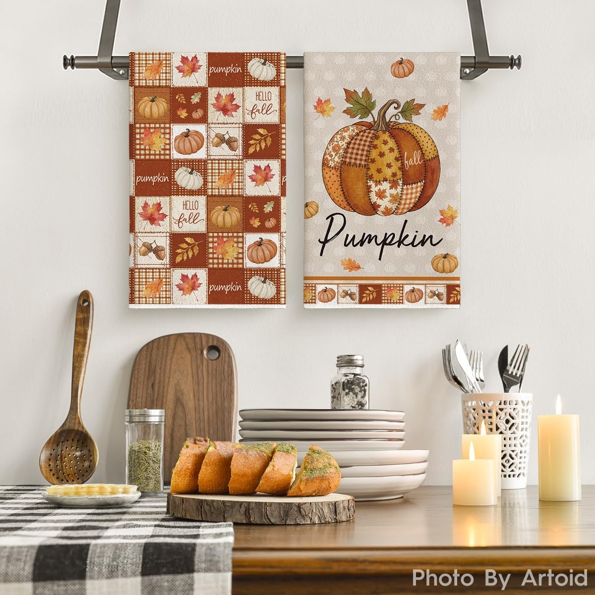 Artoid Mode Patchwork Pumpkin Fall Kitchen Towels Set of 2 18x26 Inch