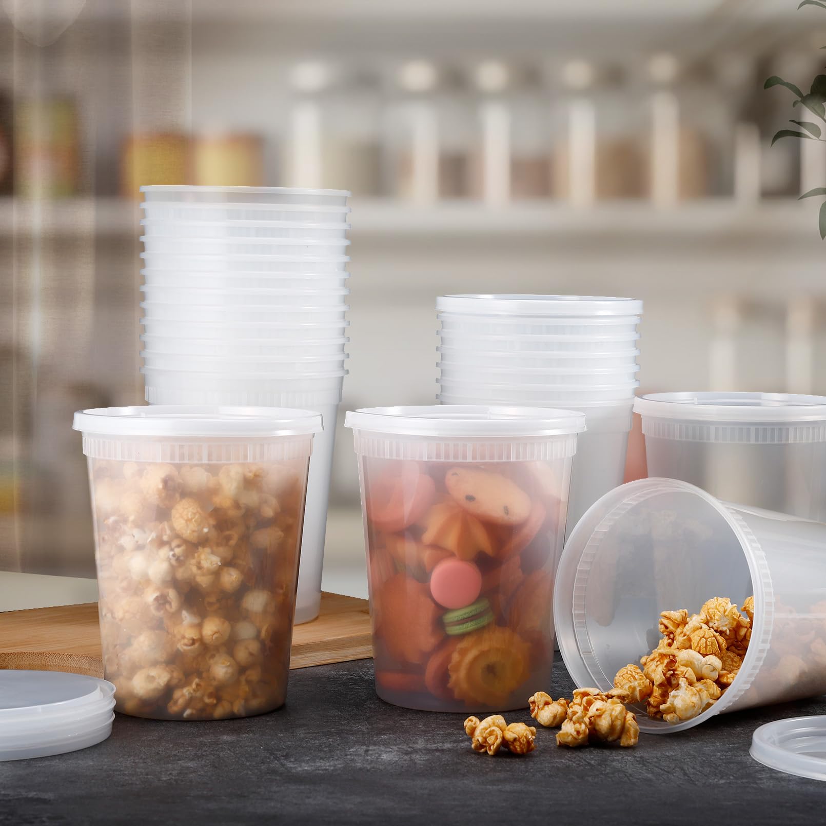 Paquete de 50 recipientes de plástico con tapas, recipientes de almacenamiento de alimentos de 32 onzas con tapas herméticas, recipiente de sopa a prueba de fugas, apilables, congelador, aptos