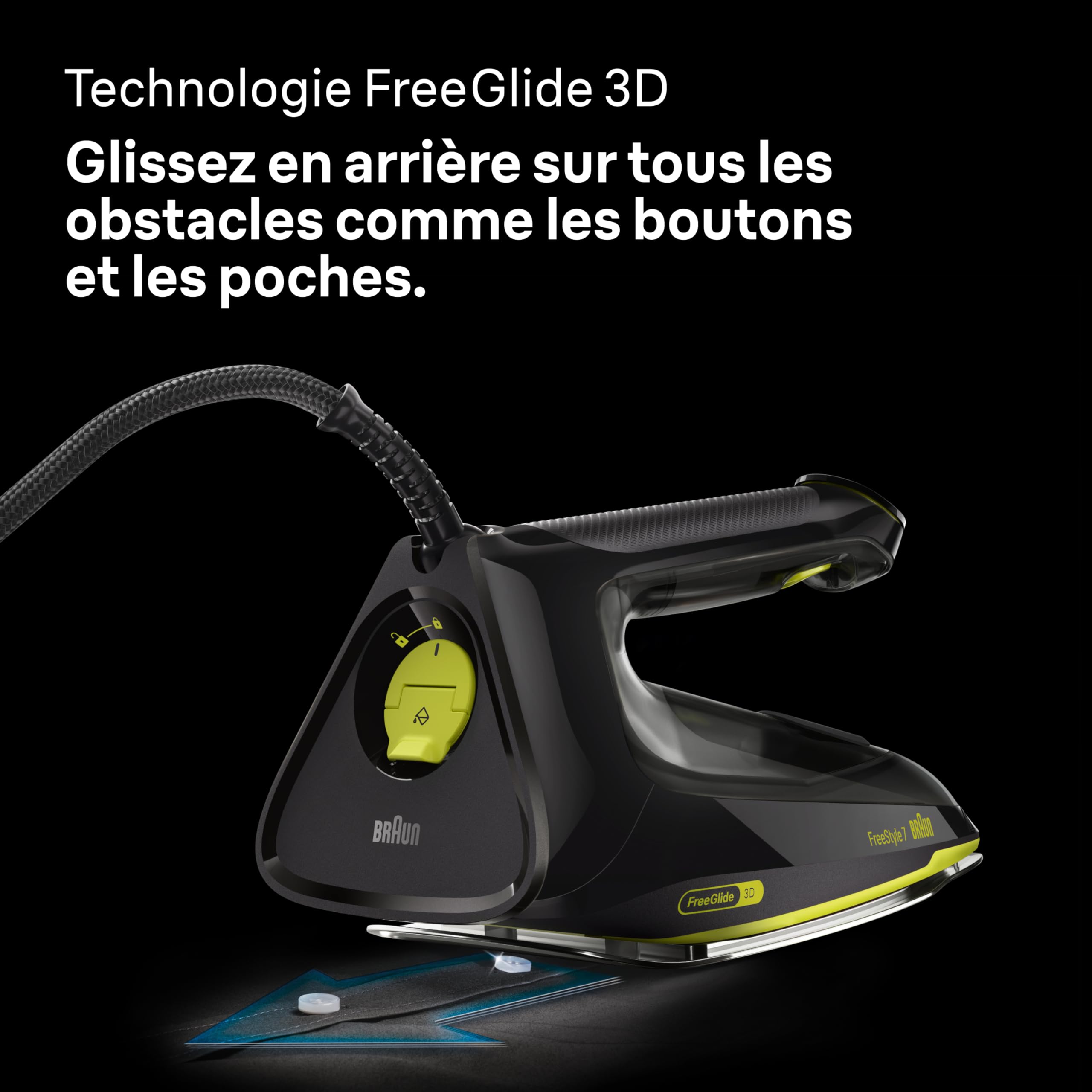 Braun FreeStyle 7 – Fer à Repasser Vapeur Ergonomique et Facile à Utiliser, Fonction Turbo, Repassage Rapide et Fluide, Design Certifié, Noir et Vert (FI7255GR)