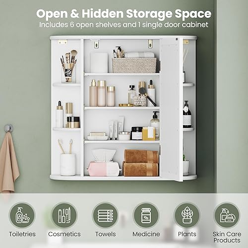 Miniatura 5 de Giantex Botiquín de baño, armario de espejo de baño montado en la pared con puerta de espejo y 4 estantes interiores, 6 estantes abiertos,