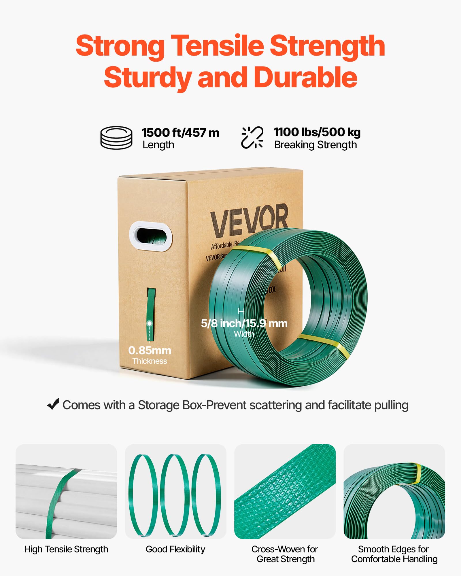 VEVOR Set di Reggiatura per Cinghie Plastiche, Rotolo di Reggetta in PET da 457 m, Kit di Reggiatrice Manuale per Spedizione Pallet Trasloco con 450 Sigilli Metallici, 150 Protezioni Angolari e Guanti