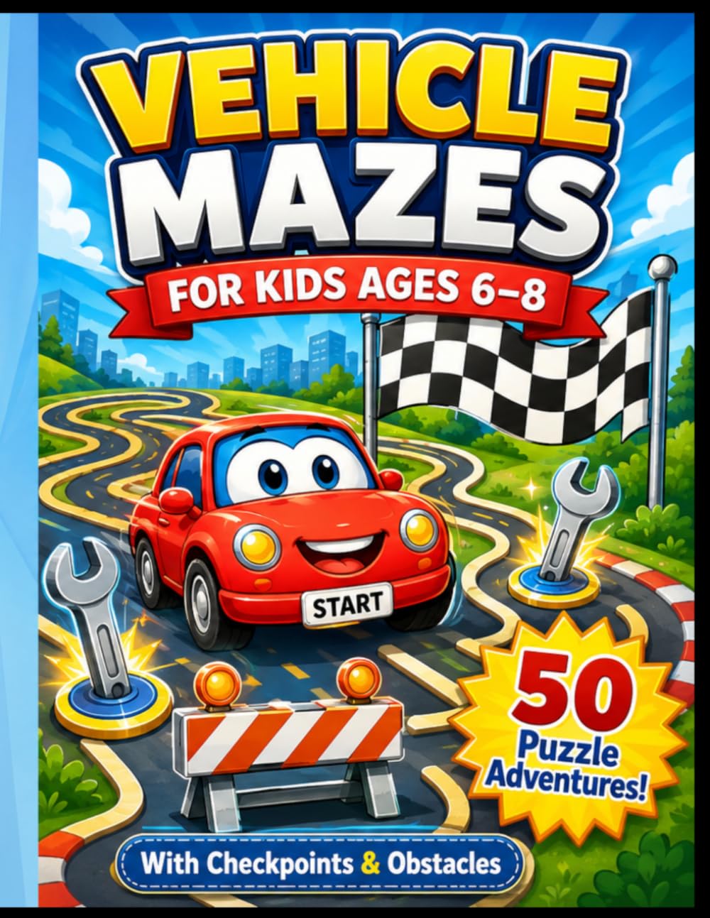 Vehicle Mazes for Kids Ages 6–8: Fun Vehicle Maze Activity Book with Checkpoints, Obstacles and 50 Puzzle Adventures for Kids