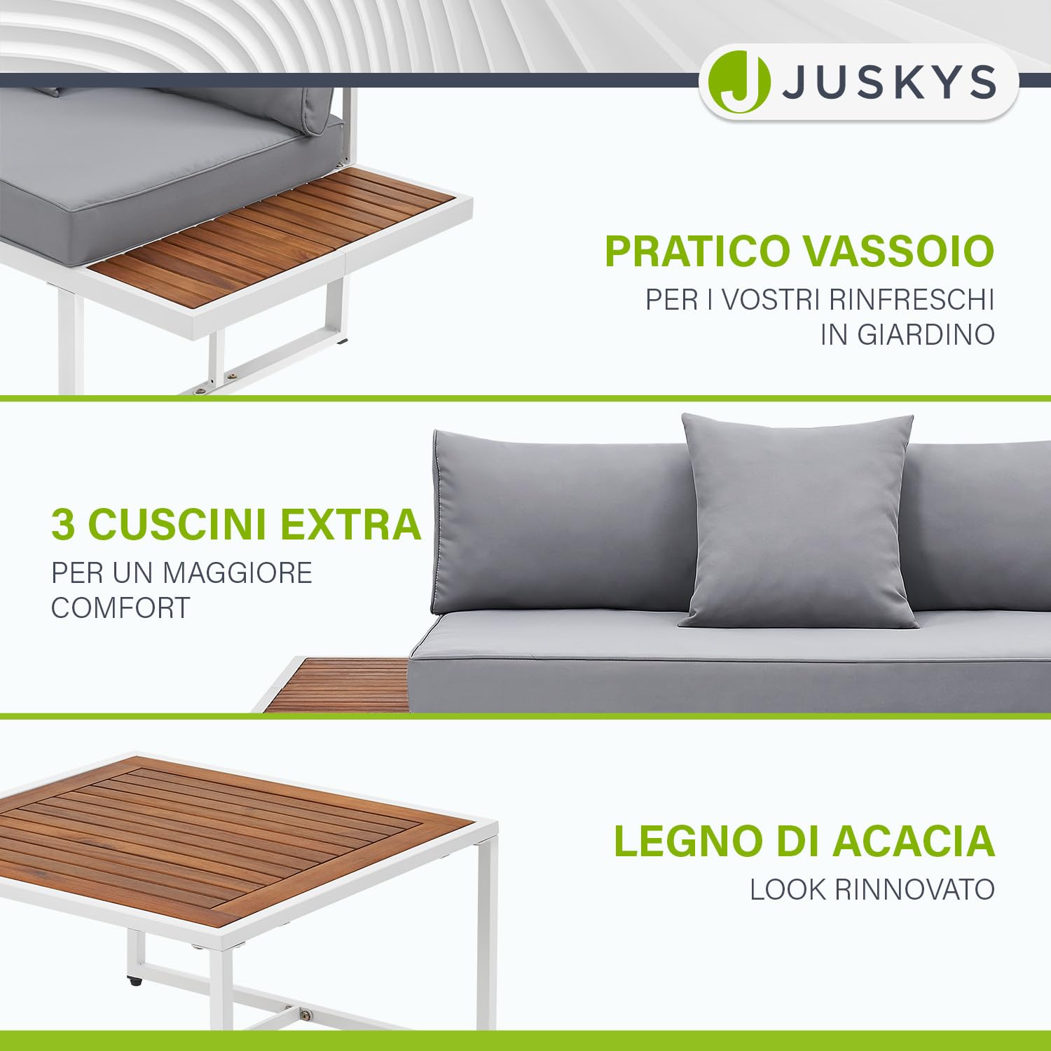 Juskys set di mobili St. Tropez - Per 4 persone - Tavolo, divano angolare e cuscini - Per balcone e giardino - Legno e bianco