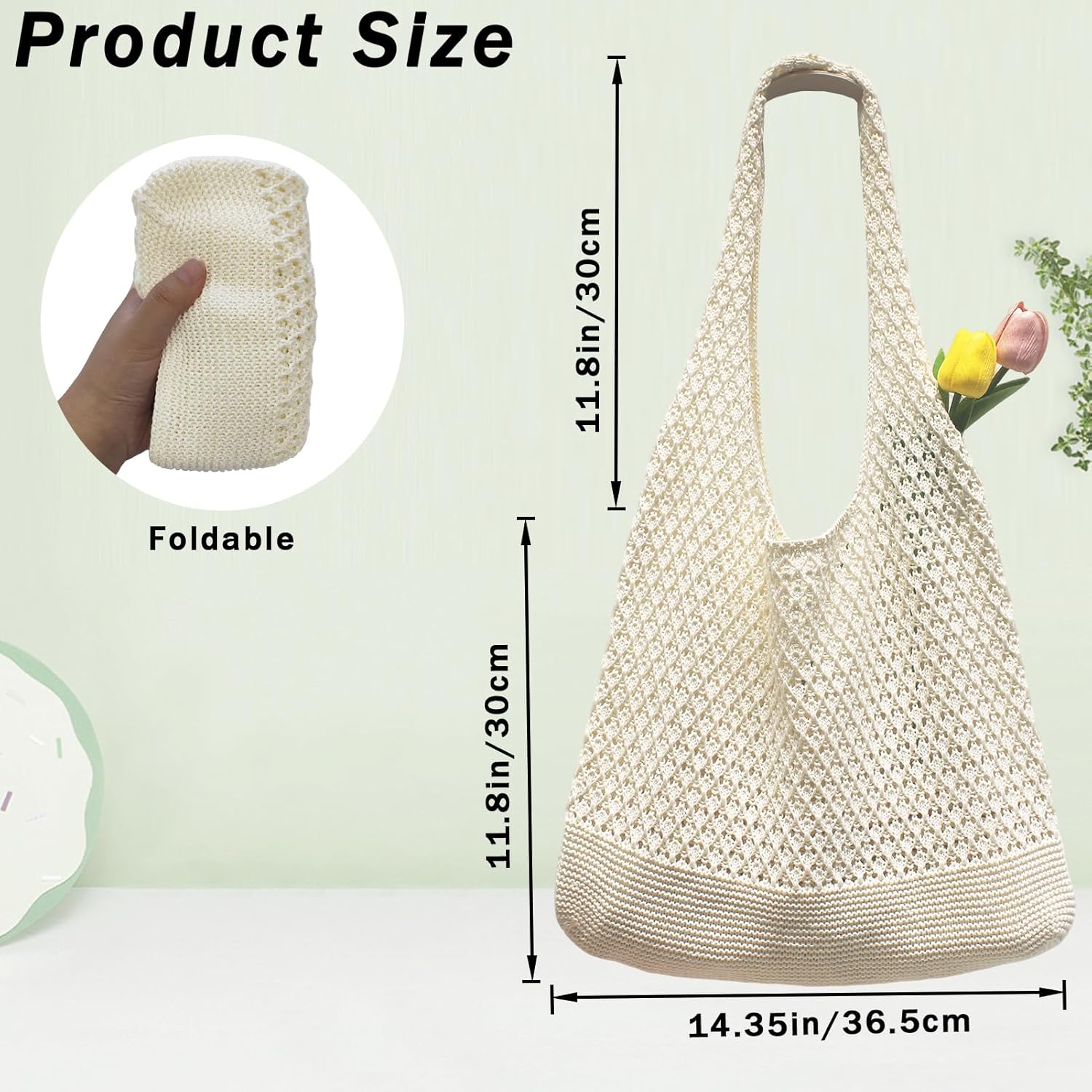 Crochet Tote Bag for Women, Cute Crochet Mesh Beach Bag Summer Beach Tote Bag Summer Vacation Aesthetic Boho Knit Bag for Women (Beige) - Image 4