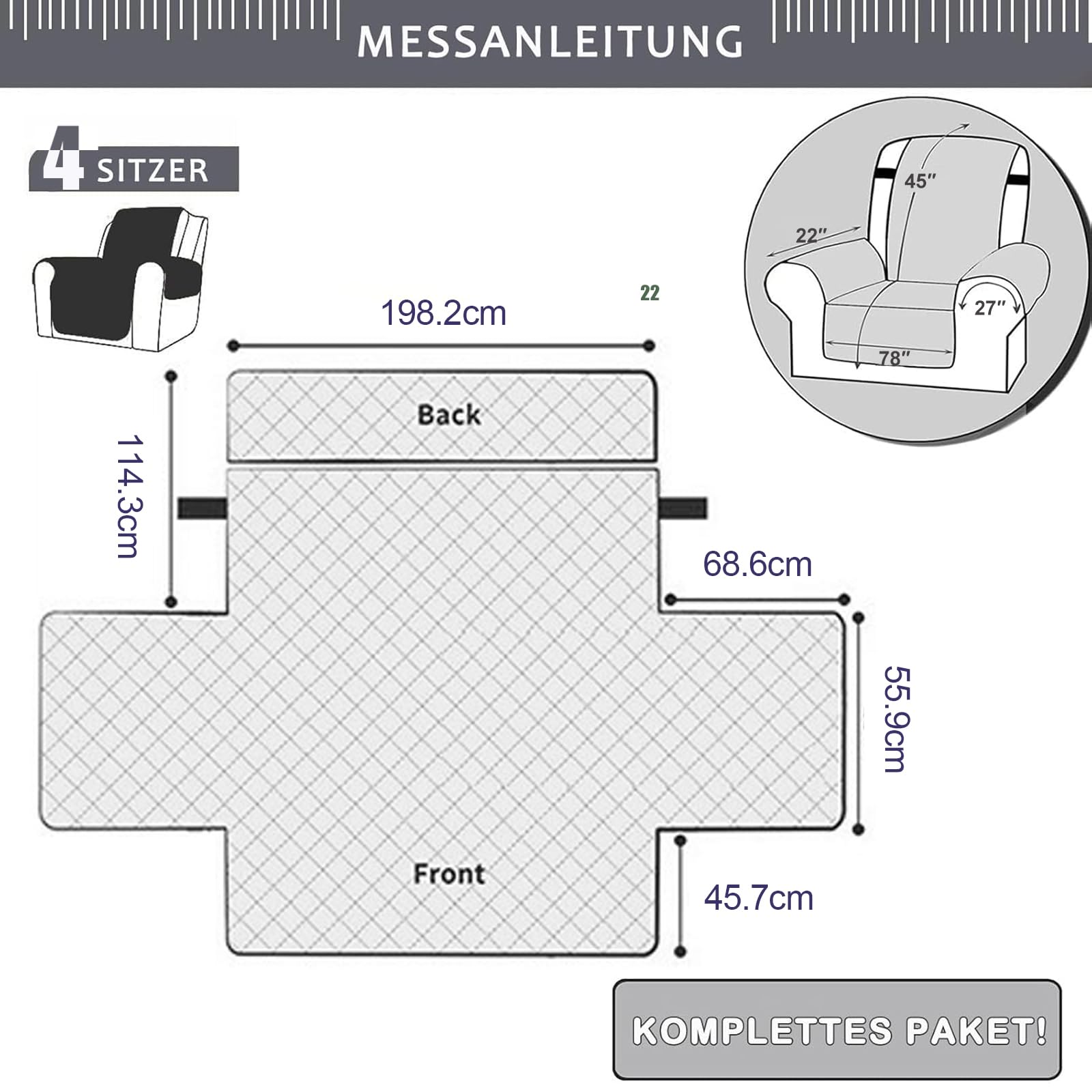 Funda de Sofá Impermeable 4 Plazas, Cubre Sofá Acolchado Reversible y Antideslizante con Correas Elásticas, Protector Universal Ideal para Perros y Gatos, Resistente Pelos