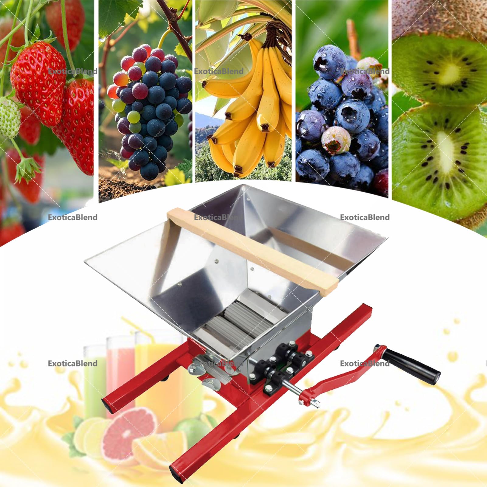 7-Liter-Obstmühle, manuelles Saft- und Apfelweinset, robuste Obstpresse und -zerkleinerer für Äpfel, Trauben und Beeren, ideal für die Apfel- und Apfelweinherstellung zu Hause Red