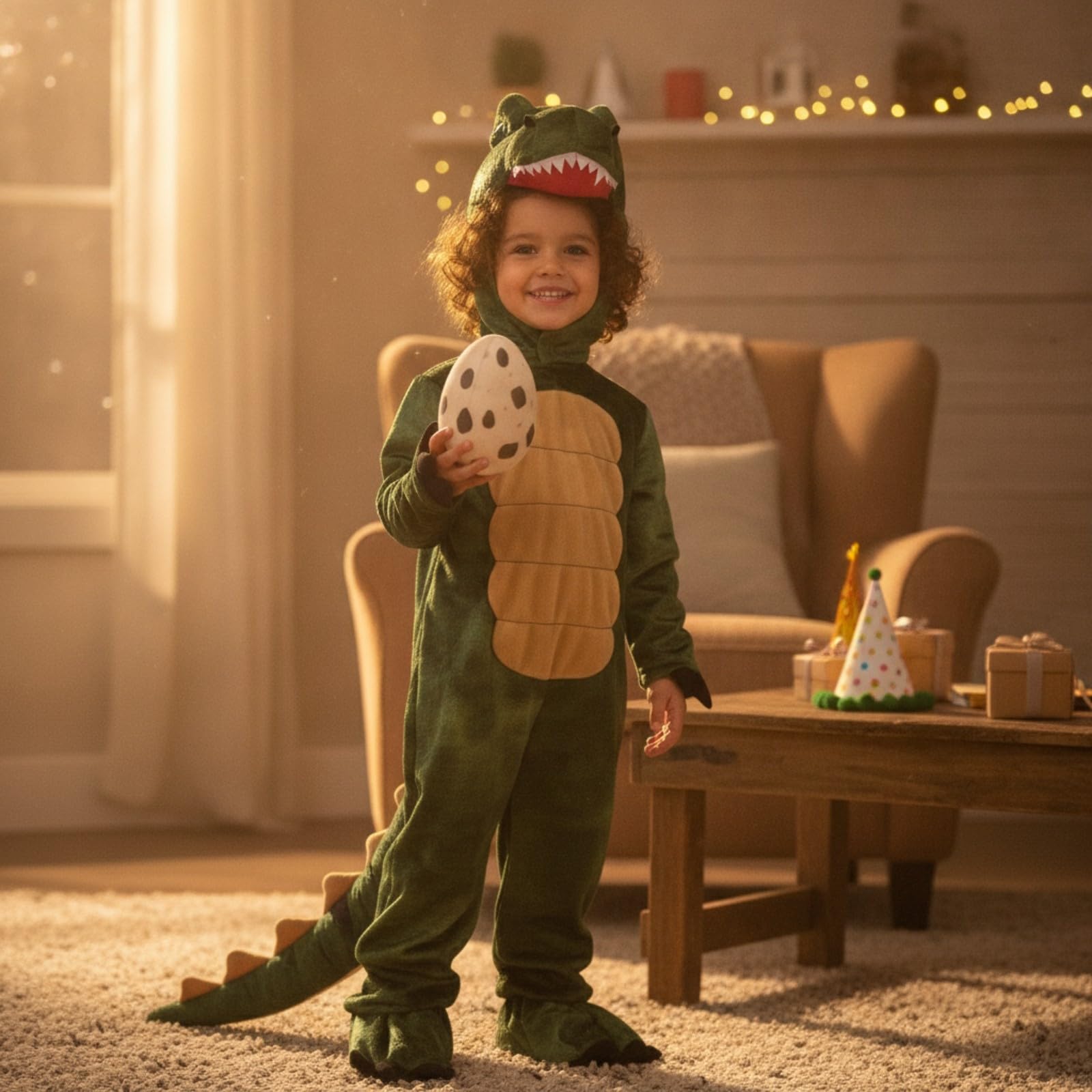 Tuta da Dinosauro Delicato sulla Pelle | Unisex, Costume da Dinosauro con Cappuccio, Morbido, per Halloween, Feste in Maschera, Bambine, Giallo, 140cm