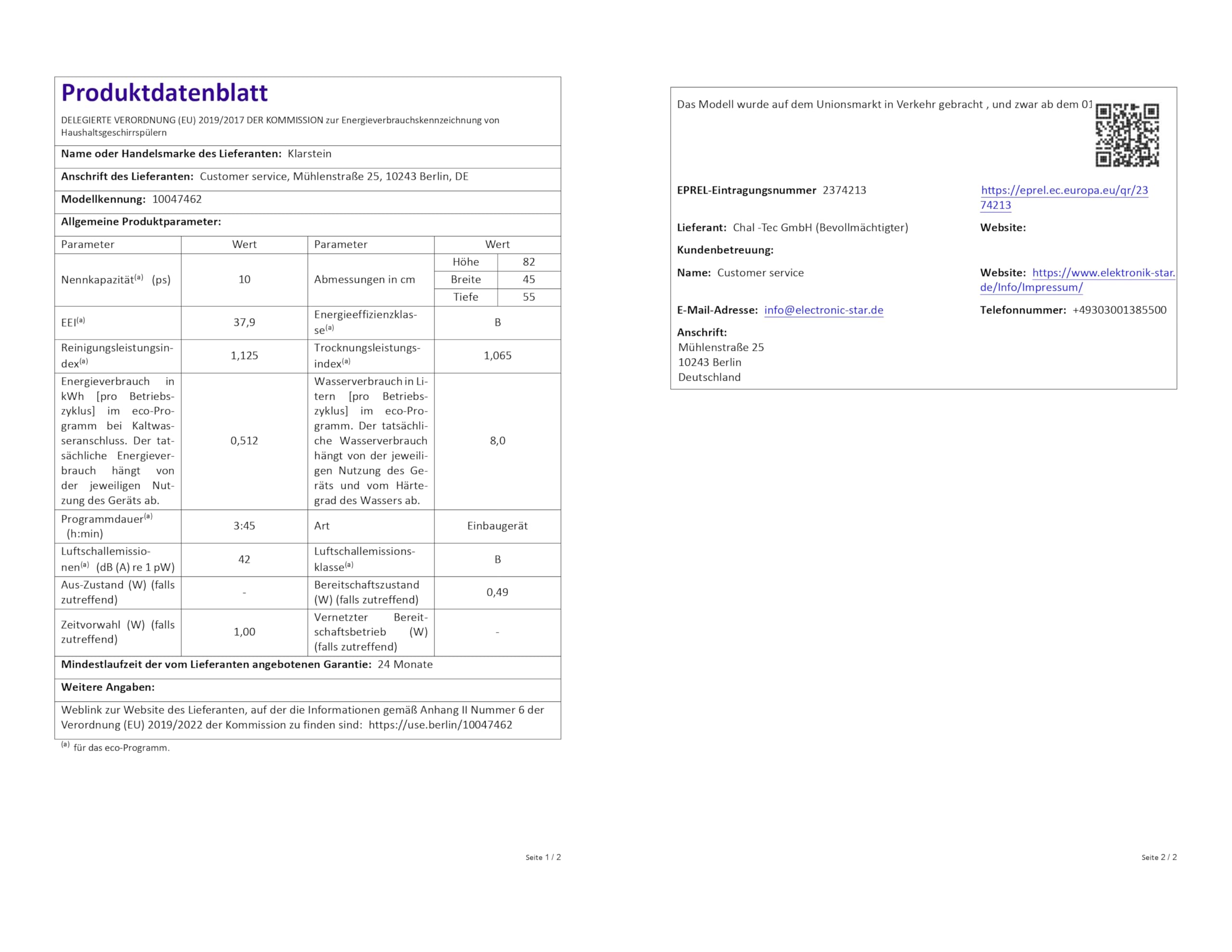 Klarstein Velaire Geschirrspüler 45cm Vollintegriert 10 Plätze 6 Programme 42 dB B Energieklasse AquaStop