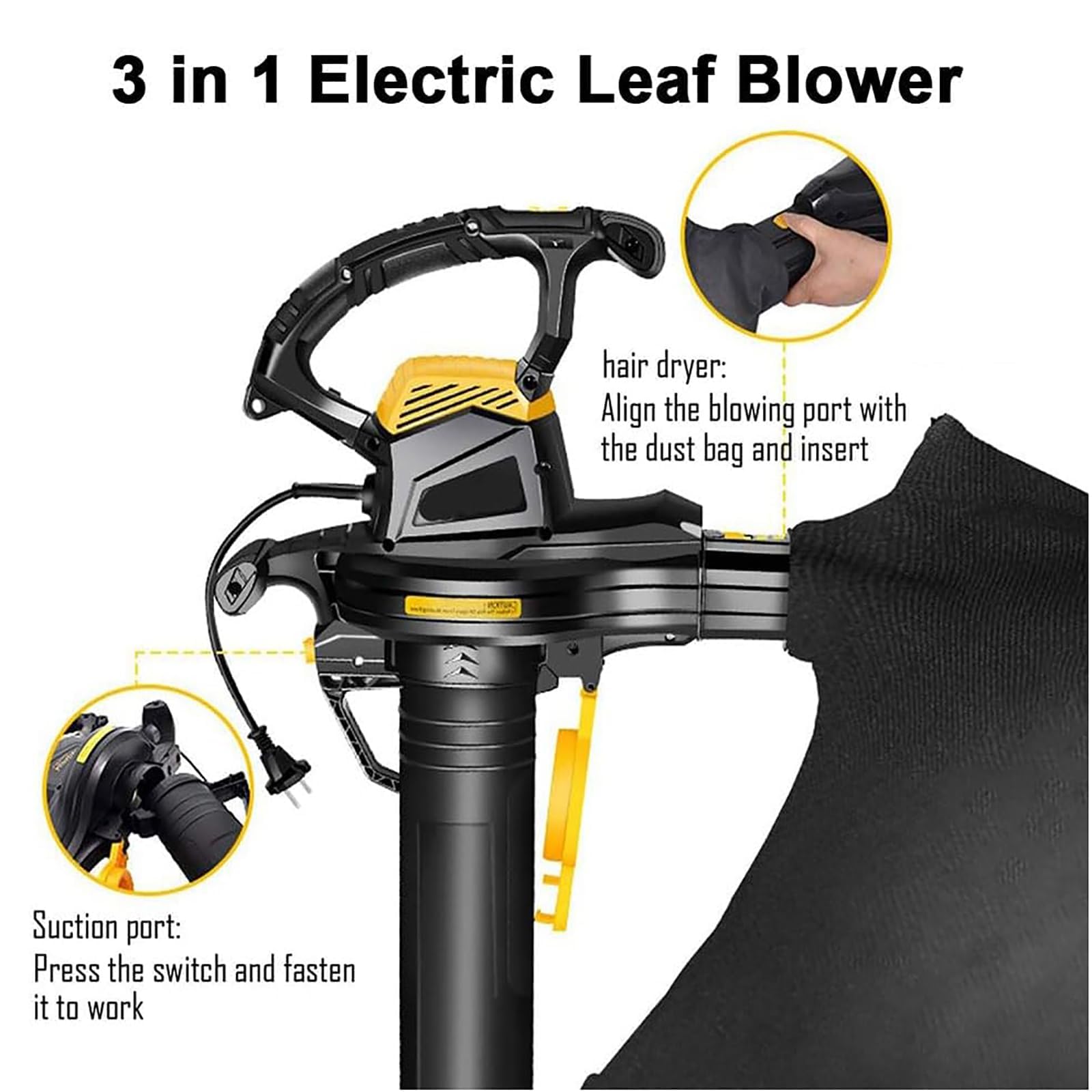 Soffiatore Elettrico Potente per Foglie, Aspiratore Trituratore 3-in-1 | Soffiaggio Aspirazione e Triturazione 3800W, Regolazione a 6 Velocità, Sacco Polvere 40L, per Pulizia Efficiente(black)
