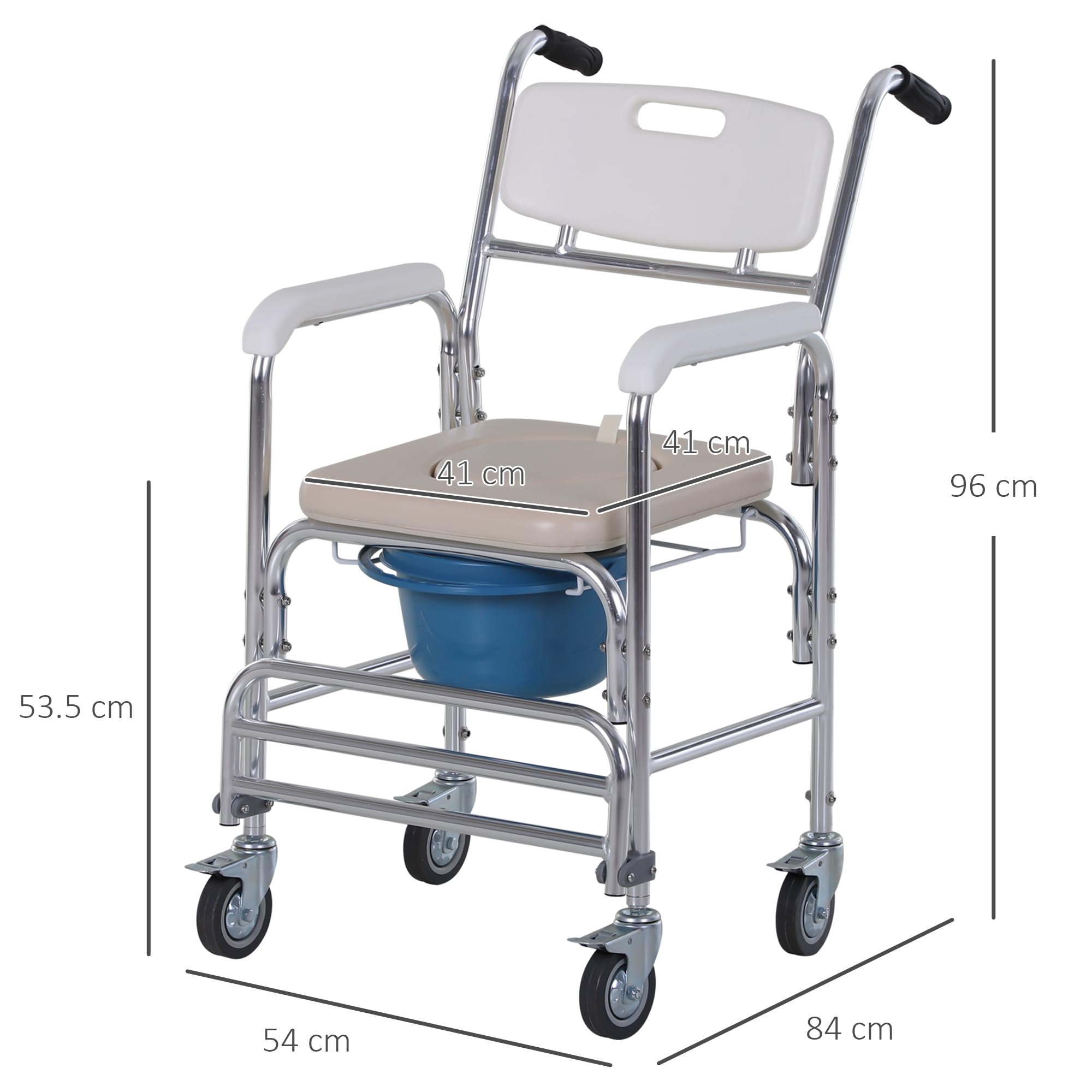 HOMCOM Sedia a Rotelle Impermeabile con WC Seduta in Finta Pelle, 4 Ruote, Vaso Rimovibile per Anziani/Disabili, 84x54x96cm