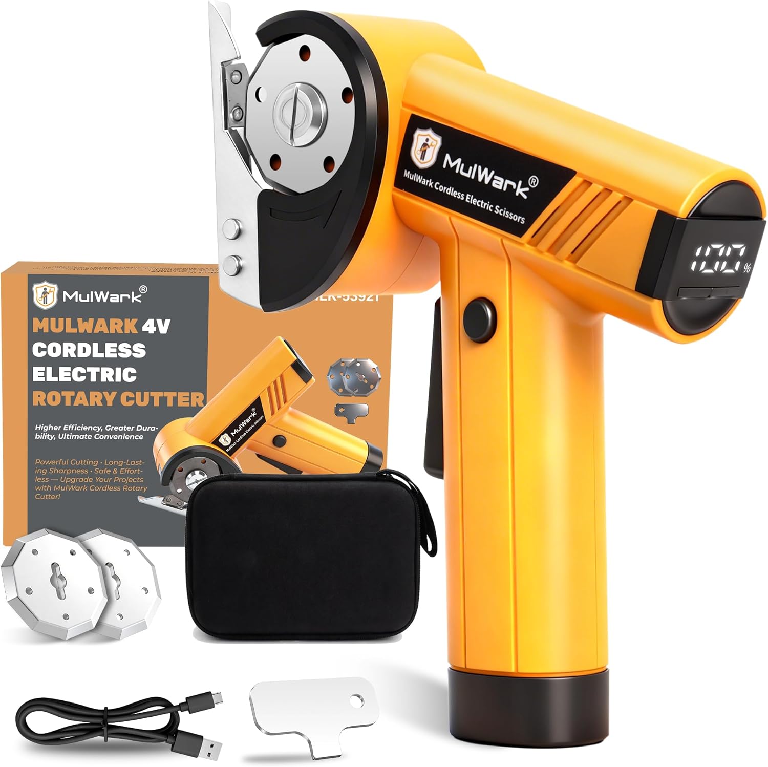 Mulwark Cardboard Cutter Electric, 4.2V Electric Scissors Cordless LED Display, Includes 2 Spare Blades, Professional Electric Box Cutter for Cardboard, Carpet, Plastic, Leather, Portable Cutting Tool