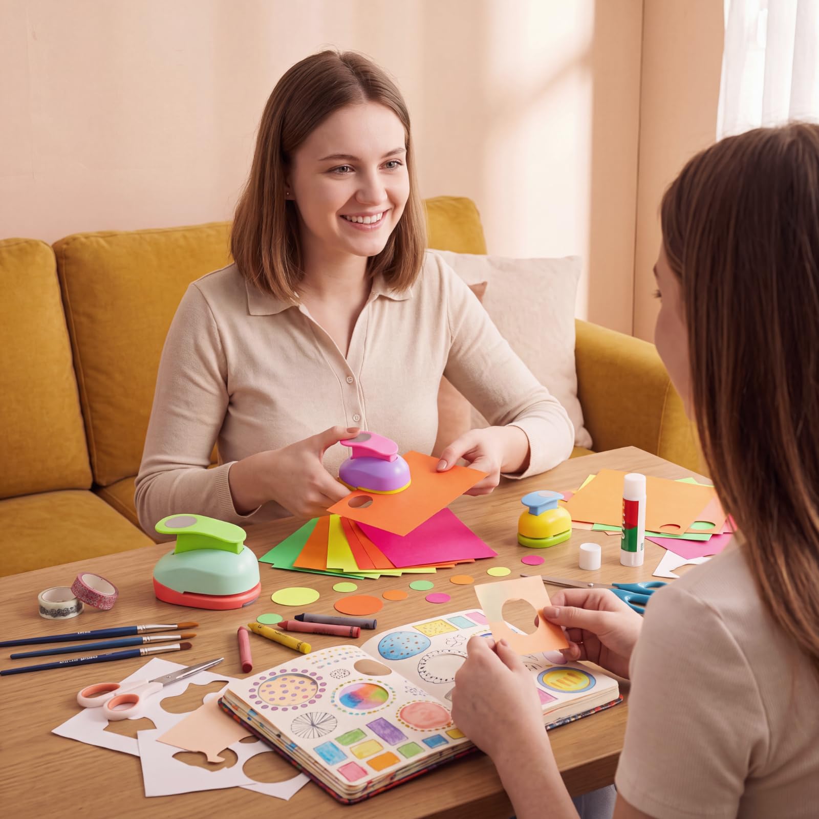 Paquete de 3 perforadoras circulares para manualidades de 2 pulgadas, 1 pulgada y 5/8 pulgadas con papel adhesivo para manualidades, álbumes de recortes, perforadora de papel para manualidades,